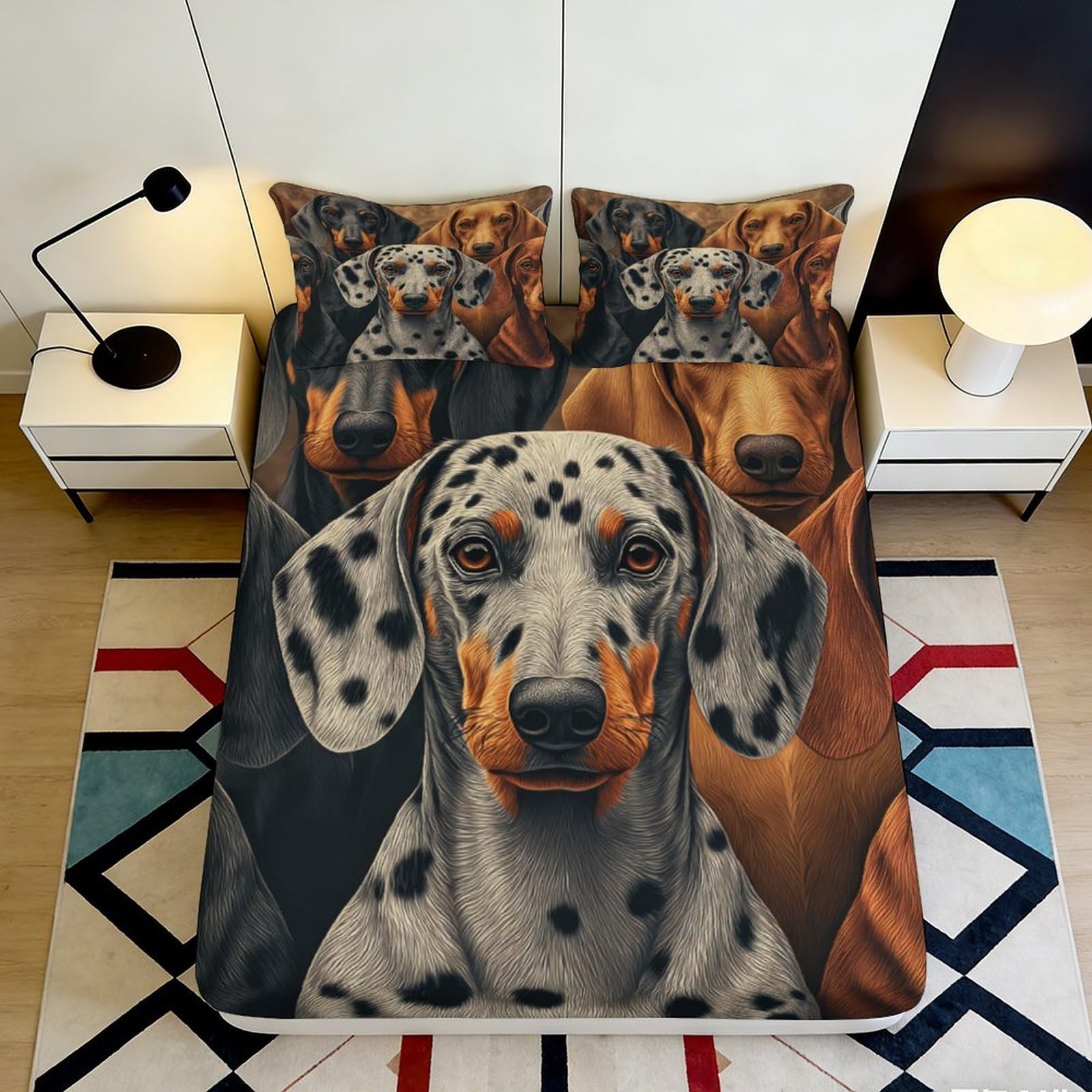 3D Printed Dalmatian Dog Fitted Sheet Microfiber Animal Pattern Mattress Cover for Bedroom Guestroom Decor, Easy Care 90x200x25cm