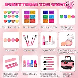 54 Pcs Kids Makeup Kit for Girls, Princess Real Washable Pretend Play Cosmetic Set Toys with Mirror, Birthday Gifts for 3 4 5 6 7 8 9 10 Years Old Girls Kids (Pink)