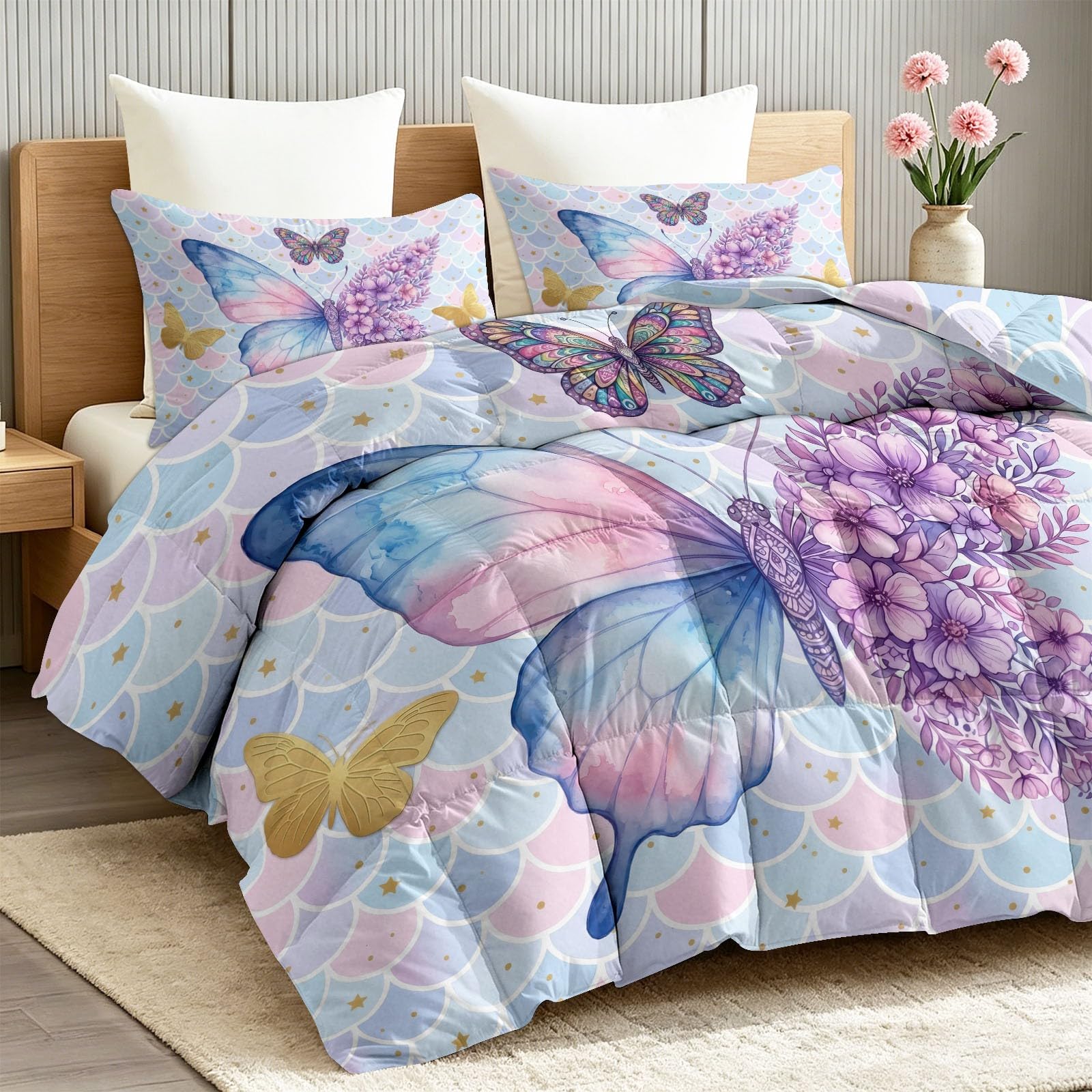 Kwiatowy owad Kołdra bez poszwy Można prać Lato 240x220 cm, Kołdra z nadrukiem w czeski motyl i botaniczny Lekki Oddychający Miękki letni koc chłodzący dla, fioletowy