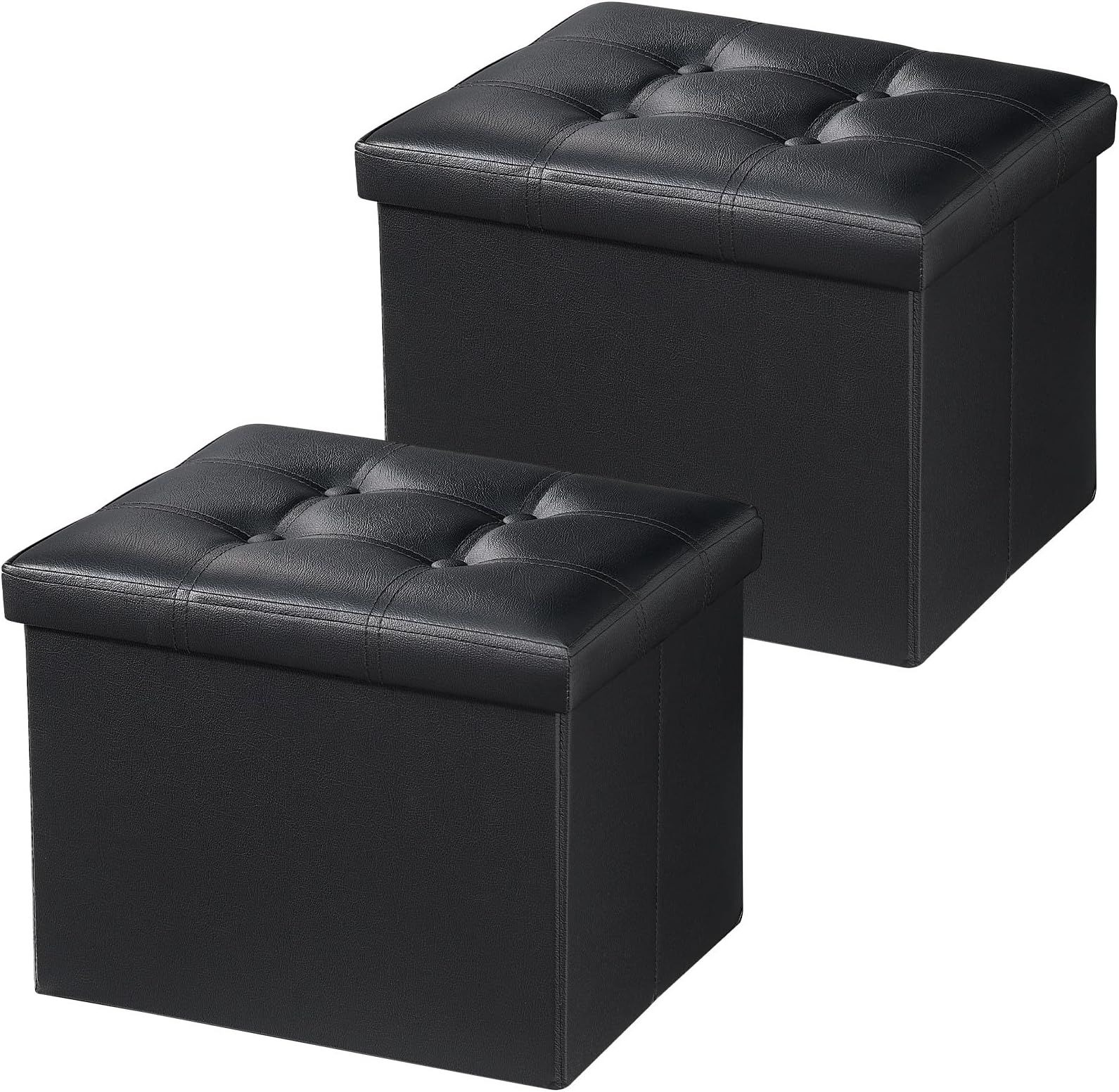 Bsketa 2PC Storage Ottoman, Folding Foot Stool with Thicker Foam Padded Seat Small Leather Storage Ottoman Bench Foot Rest for Living Room Foldable Coffee Table 17x13x13in,Black