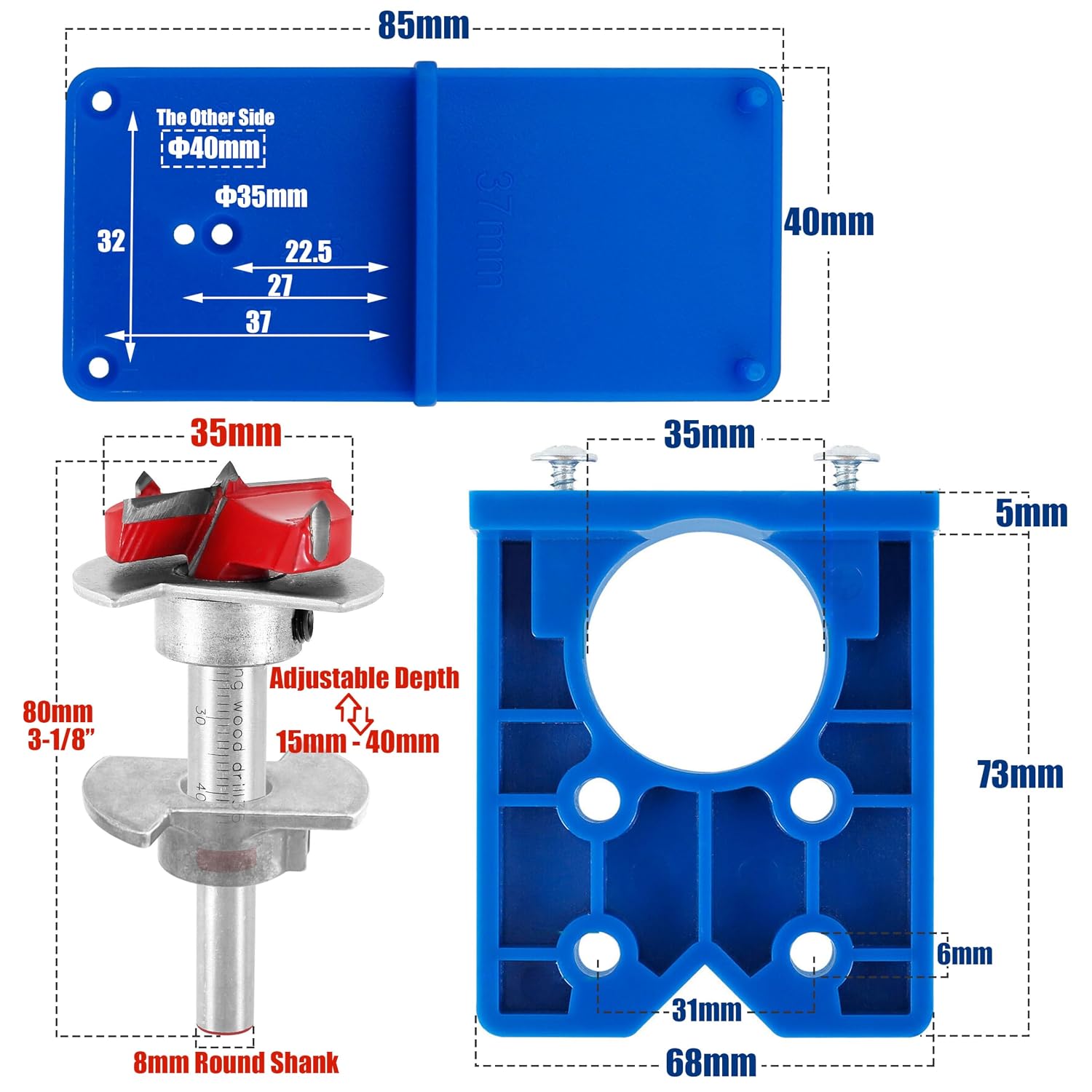 Yakamoz 35mm Concealed Hinge Jig Kit - Adjustable Depth Carbide Forstner Drill Bit Hinge Boring Hole Saw Cutter with Door Hinges Drilling Guide for Cupboard Cabinet Door Hinge Installation
