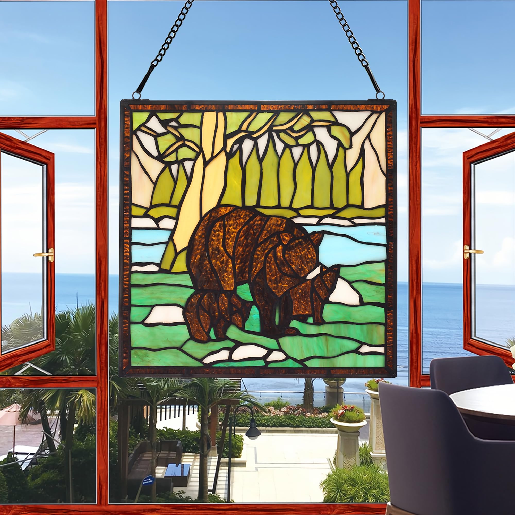 bwkoiujes Buntglas-Fensterbehang, 30,5 cm, quadratisch, Tiffany-Tier-Stil, 3 braune Bären, Sonnenfänger, Wanddekoration, Kunst-Panel, inklusive 50,8 cm Kette und Haken, das perfekte Geschenk zum