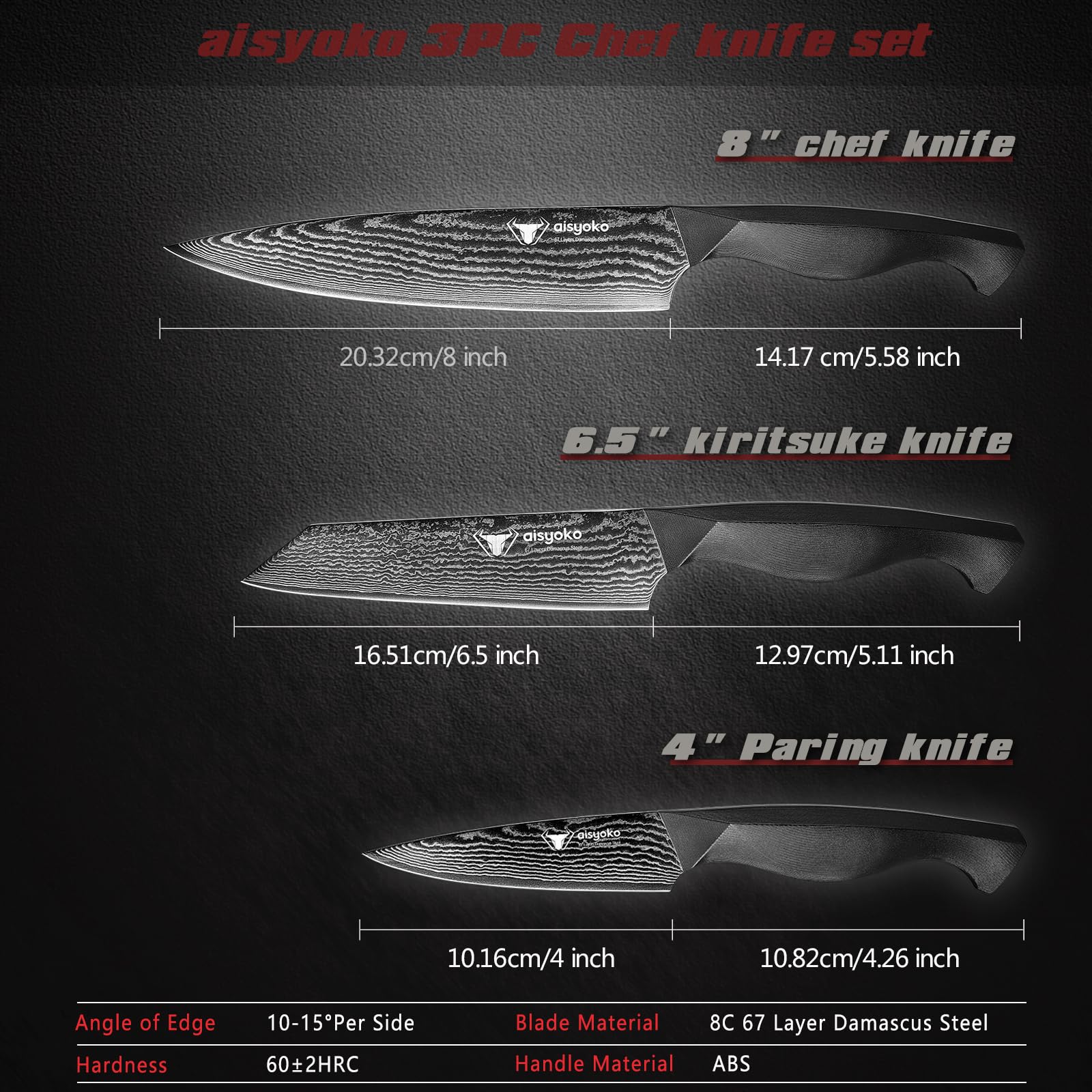 Aisyoko 8C Damascus Knife Set - 3PC Chef's Knife, Kitchen and Paring Knives, High Carbon Stainless Steel, Ergonomic Full Tang ABS Anti-Skid Handle — Amazon image 4