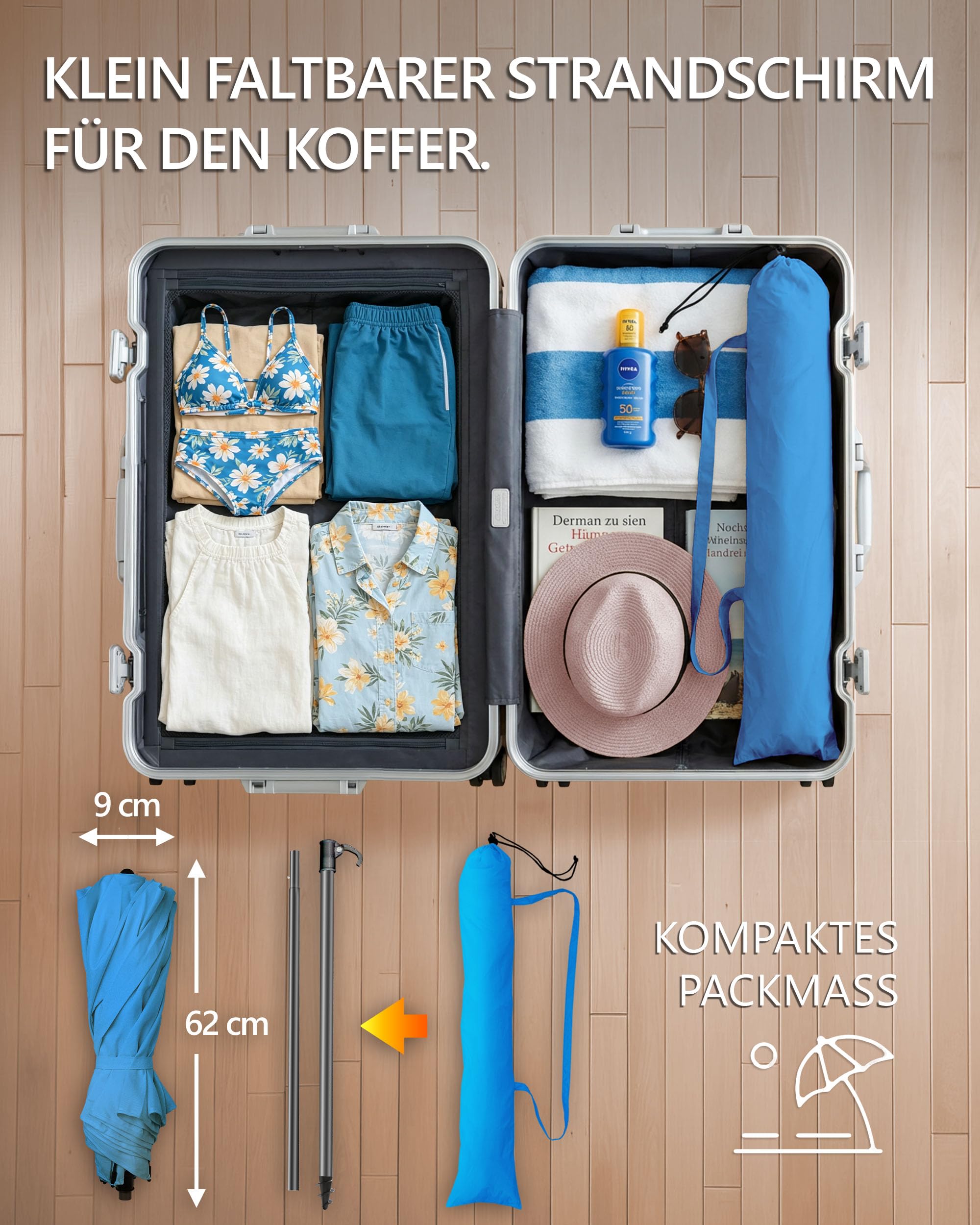 4smile Sonnenschirm Strand Ø 160 cm - UPF 50+ Praktischer Reise Sonnenschirm für Koffer - Funktioneller Strandschirm klein faltbar, kompakter Strandschirm koffertauglich