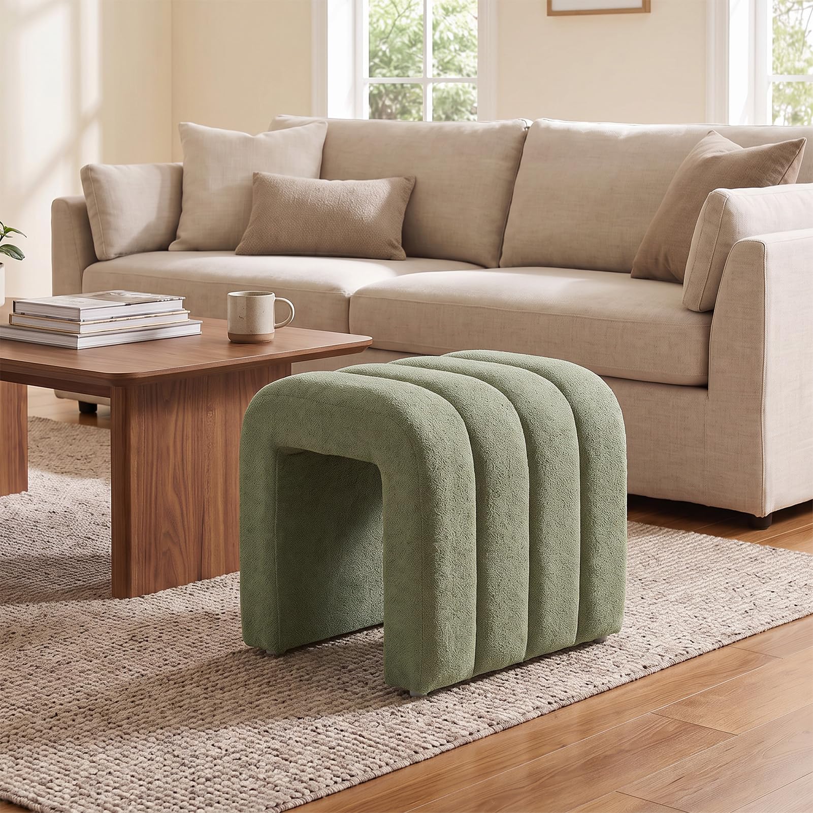 Warmiehomy 40cm U‑Shaped Ottoman Footstool, Arched Pouffe Stool, Green