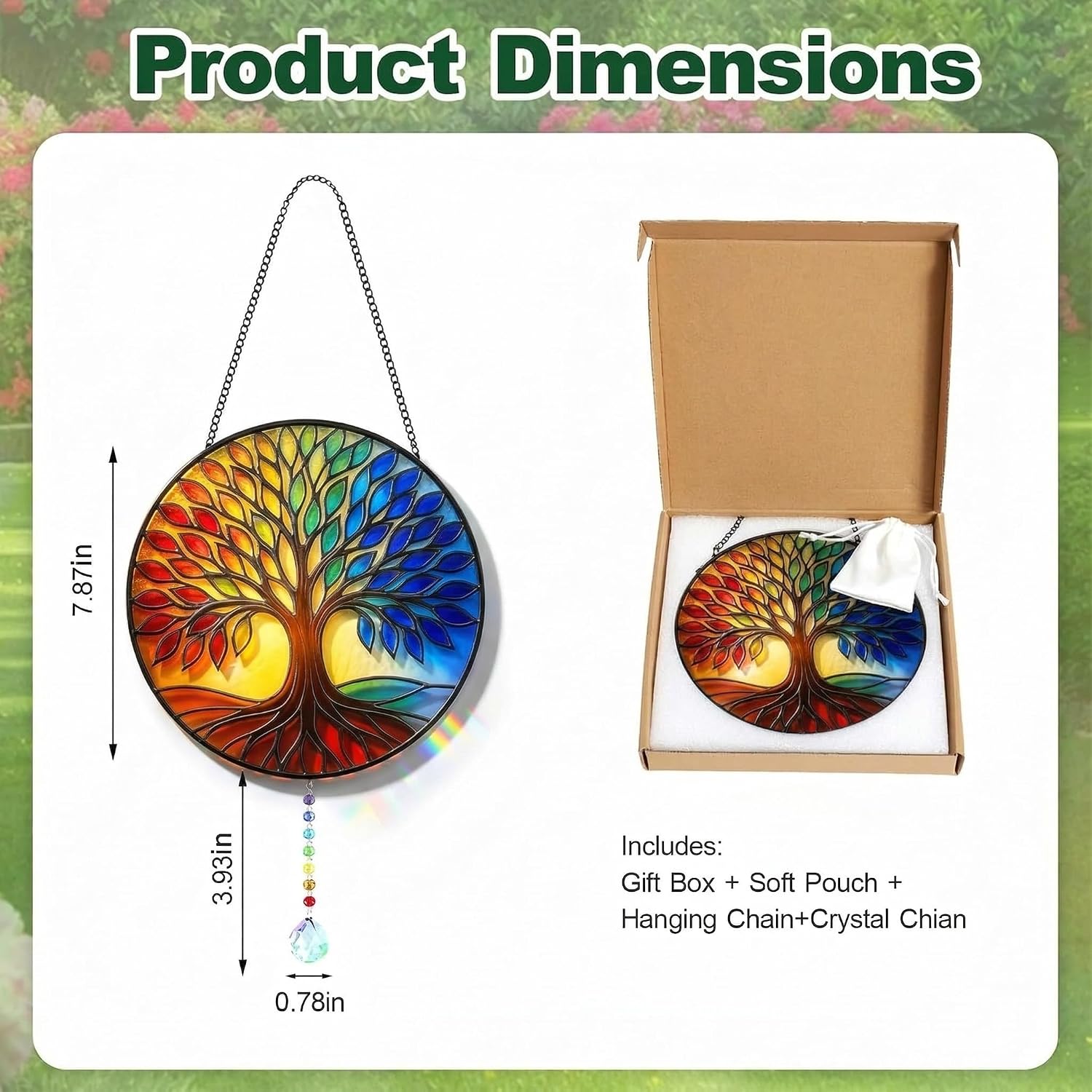 Stained Glass Suncatcher with Chakra Colors Crystals, Tree of Life Window Hanging Decor, Crystal Rainbow Maker for Home Garden, Healing Stone Wall Art, Unique Spiritual Gift for Women, Moms
