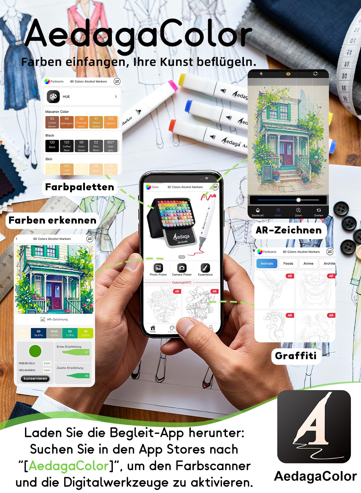AEDAGA 240 Farben Alkohol Marker mit App, Doppelspitze Alcohol Marker mit Ständer-Etui für Erwachsene, Alkohol Stifte für Malen, Skizzieren & Zeichnen