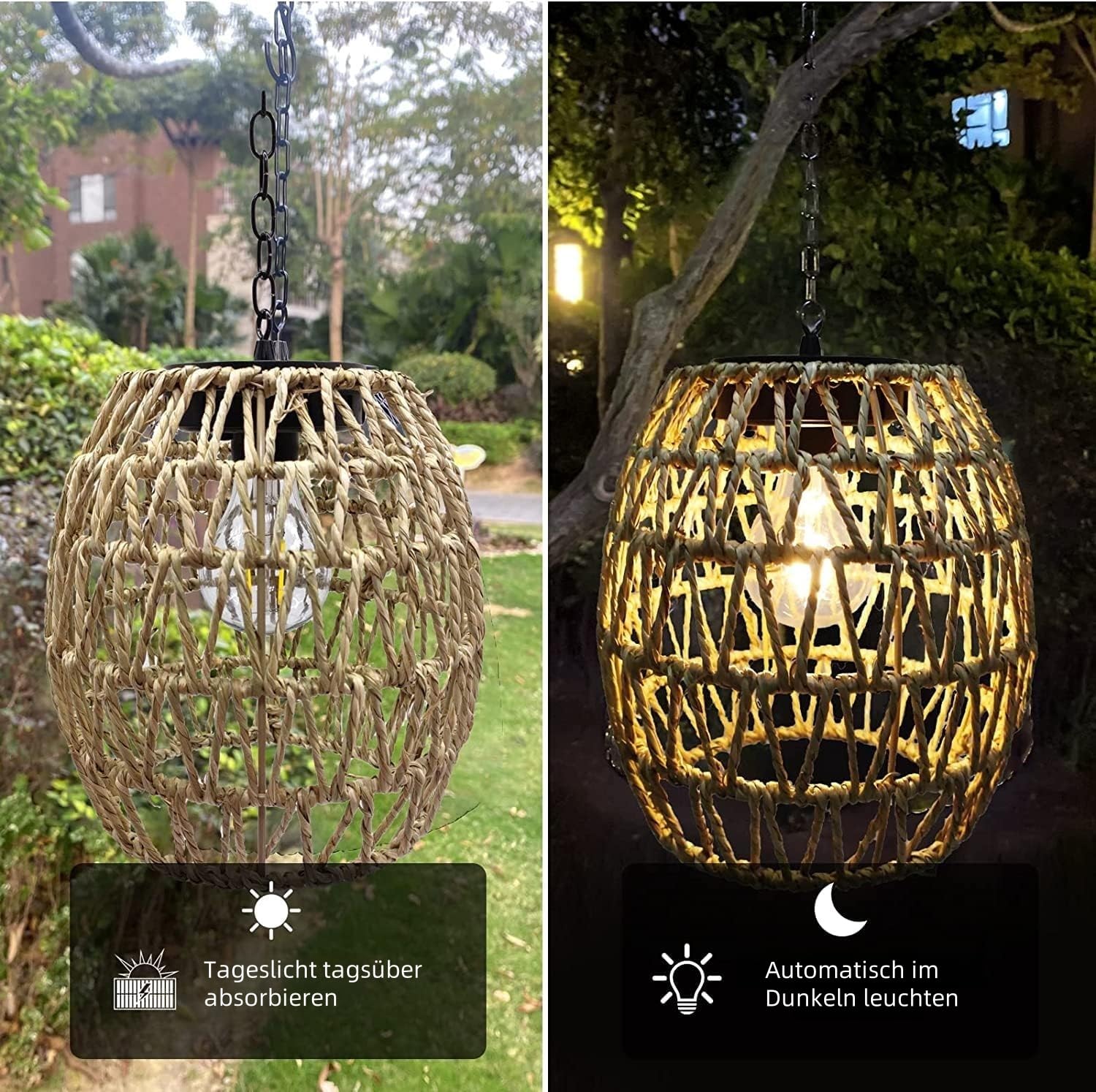 pearlstar Lampade solari da appendere per esterni, in rattan, con catena, lanterne per esterni, resistenti alle intemperie, decorazione boho per giardino, balcone, terrazza, cortile e tavolo