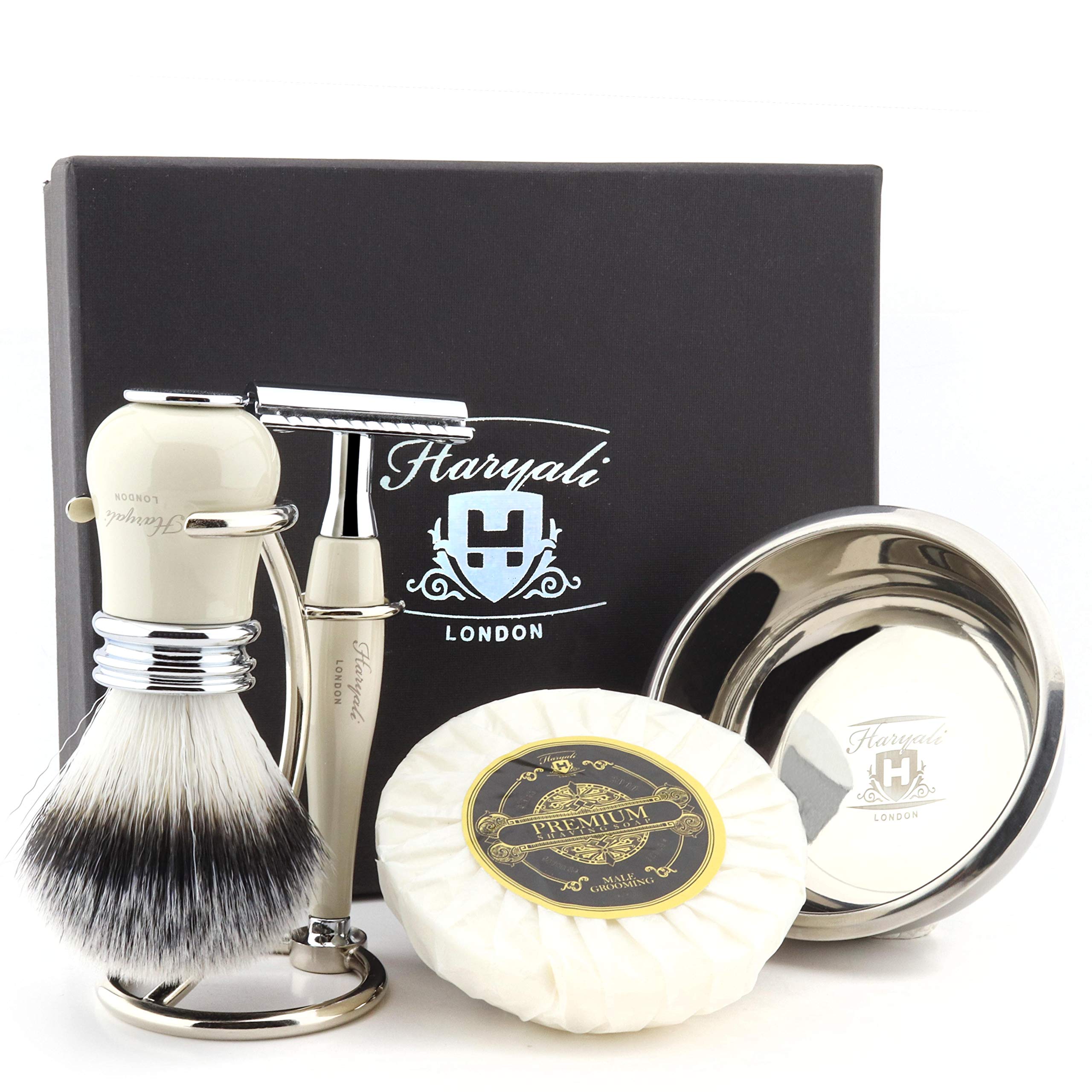 Haryali London Mens Shaving Kit with Double Edge Safety Razor, Synthetic Badger Hair Brush, Stand, Soap & Bowl Perfect Set, Ivory