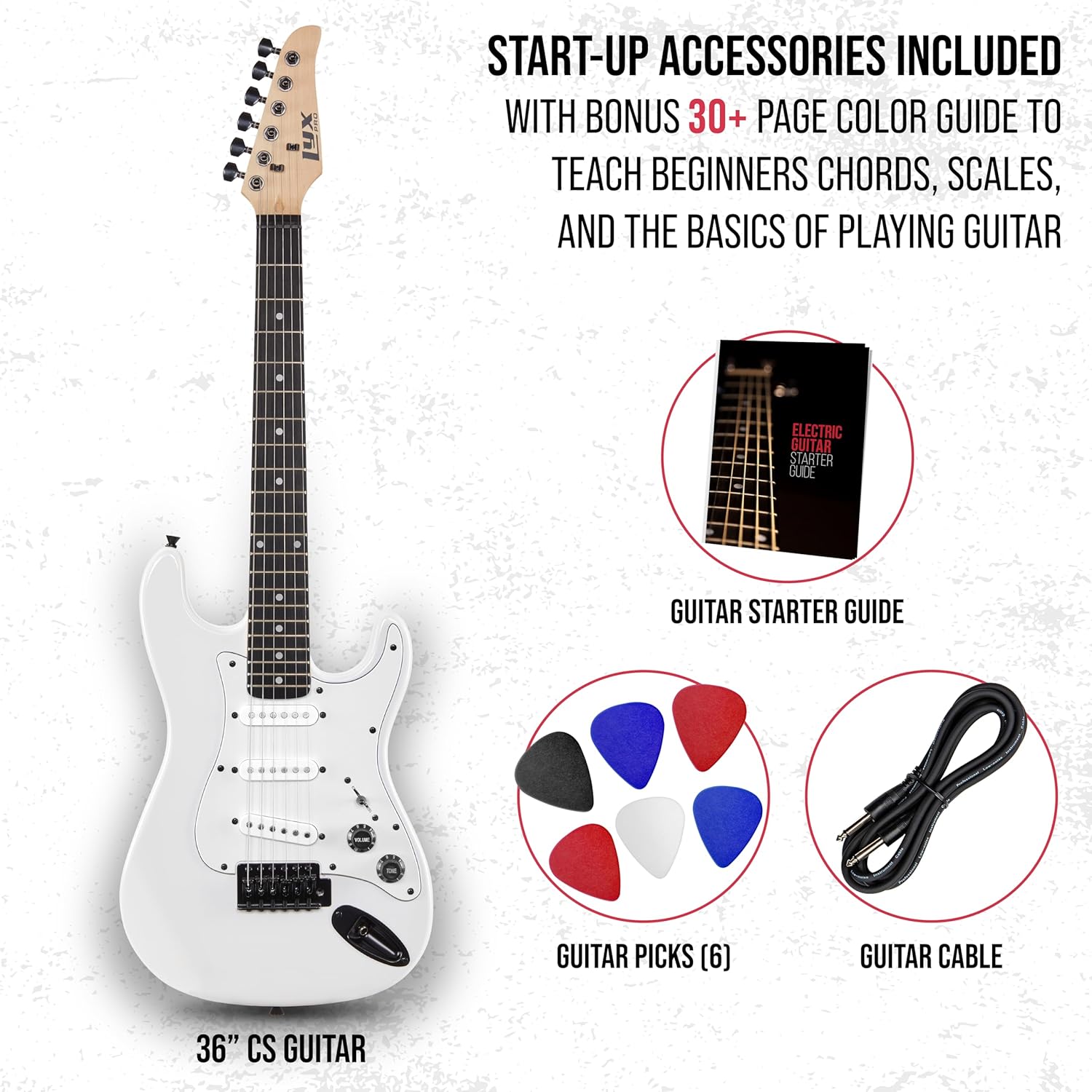 LyxPro CS 30” Electric Guitar Kit for Beginner, Intermediate & Pro Players with Guitar, Amp Cable, 6 Picks & Learner’s Guide | Solid Wood Body, Volume/Tone Controls, 5-Way Pickup - White