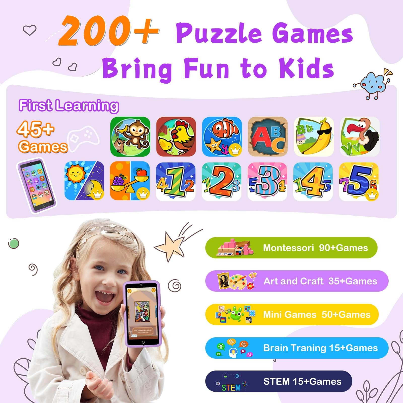 GREENCREEK Smartphone per bambini con schermo touch screen da 5 pollici, telefono per bambini con giochi e doppia fotocamera, giocattoli per bambini, ragazzi e ragazze che imparano il telefono