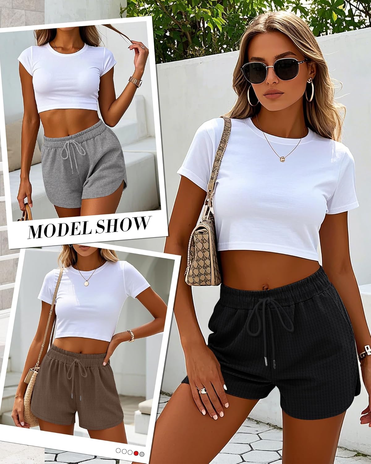 Riyiper 3 Pack Women's Waffle Knit Shorts Drawstring Lounge Summer Comfy Casual Shorts with Pockets - Image 2