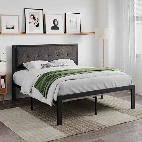 Miniatura 3 de Sha Cerlin - Marco de cama tapizado con botones y plataforma de punto, cuadrado, con cabecero, sin necesidad de somier, color gris oscuro