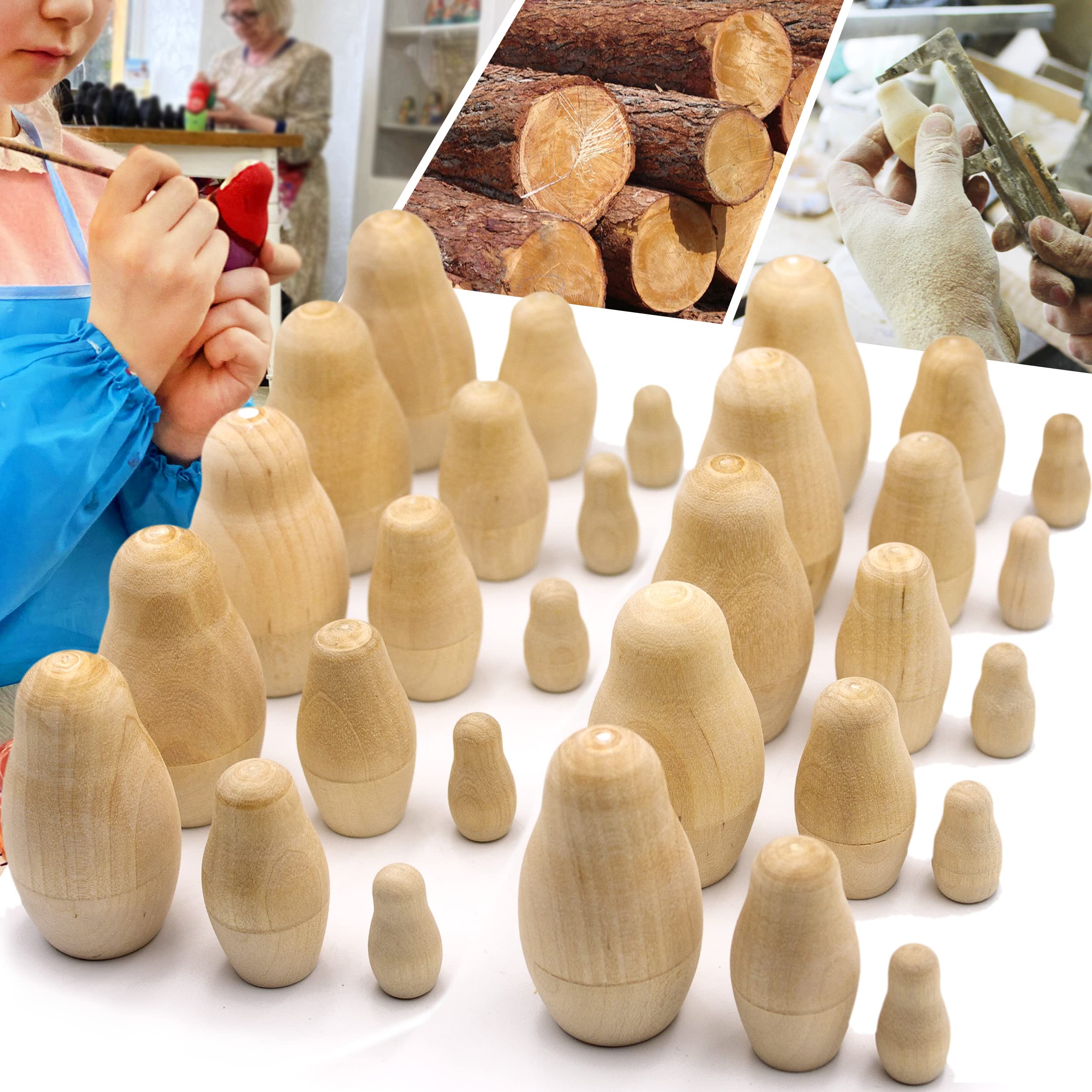 AEVVV Lot of Blank Nesting Dolls of 10 Sets by 3 pcs - Blank Unpainted Russian Nesting Dolls - Wooden Dolls Unfinished