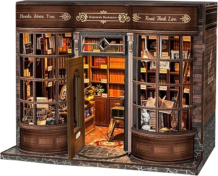 Spilay Diy Miniature House Kit, Wooden DollHouse 3D Puzzle Bookend Bookshelf Insert Decor with LED Lighting, Creative Model Building Crafts for Adults - Magic Bookstore - SQ77