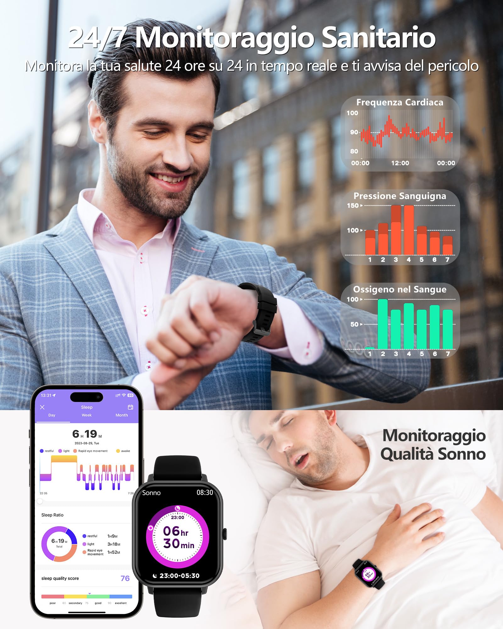 Smartwatch Donna Uomo,1.83" Orologio Smartwatch con Effettua/Risposta Chiamate, Sonno/SpO2/Cardiofrequenzimetro/Contapassi, 110+ Modalità Sportive, IP68 Impermeabile Fitness Tracker per iPhone&Android