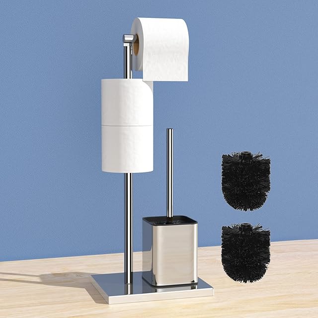 Stainless Steel Toilet Roll Holder with Toilet Brush - Free Standing Toilet Roll Holder, Susswiff Toilet Paper Holder and Toilet Brush, Silver Toilet Brush with Roll Holder