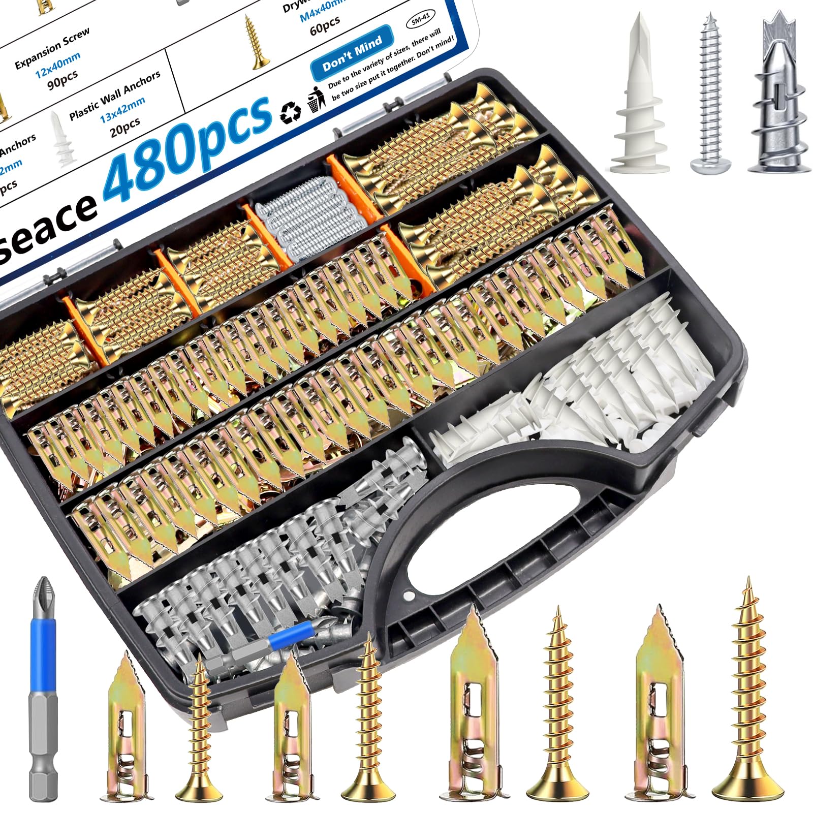 smseace 480Pcs Self Drilling Drywall Anchors 4-Sizes Zinc Plated Steel and Plastic Sheetrock Anchors and 5-Sizes Self Drilling Anchor Screws Used for