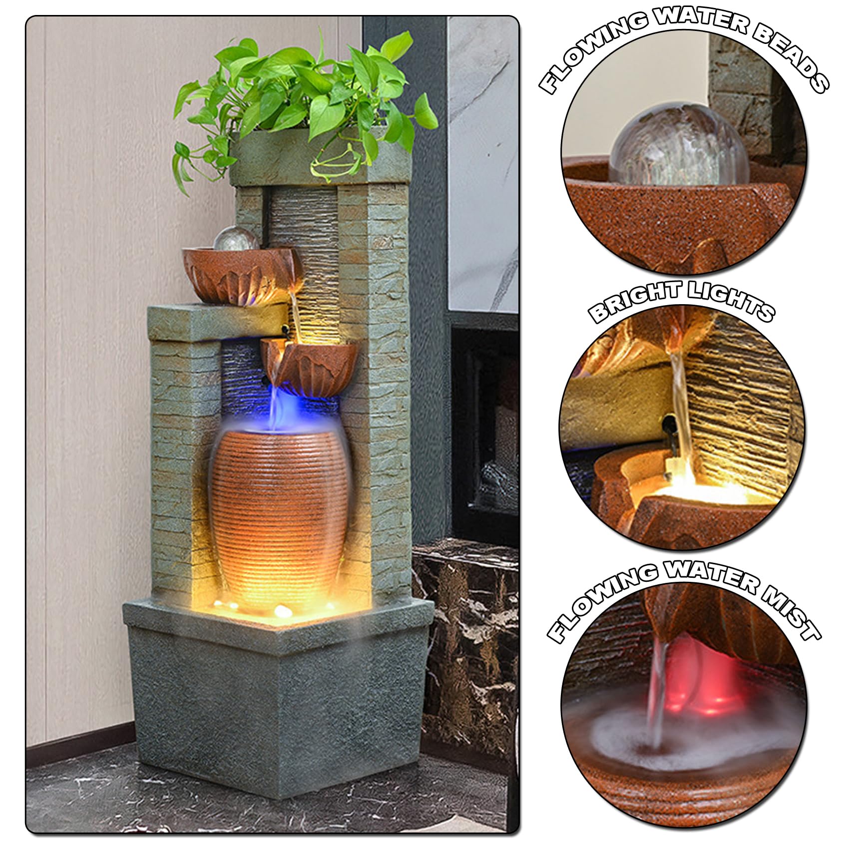 Fontana da Giardino Cascata d'Acqua 4 Livelli con Pompa dell'Acqua e Uscita dell'Acqua per la Decorazione del Patio 28 * 39 * 67 cm
