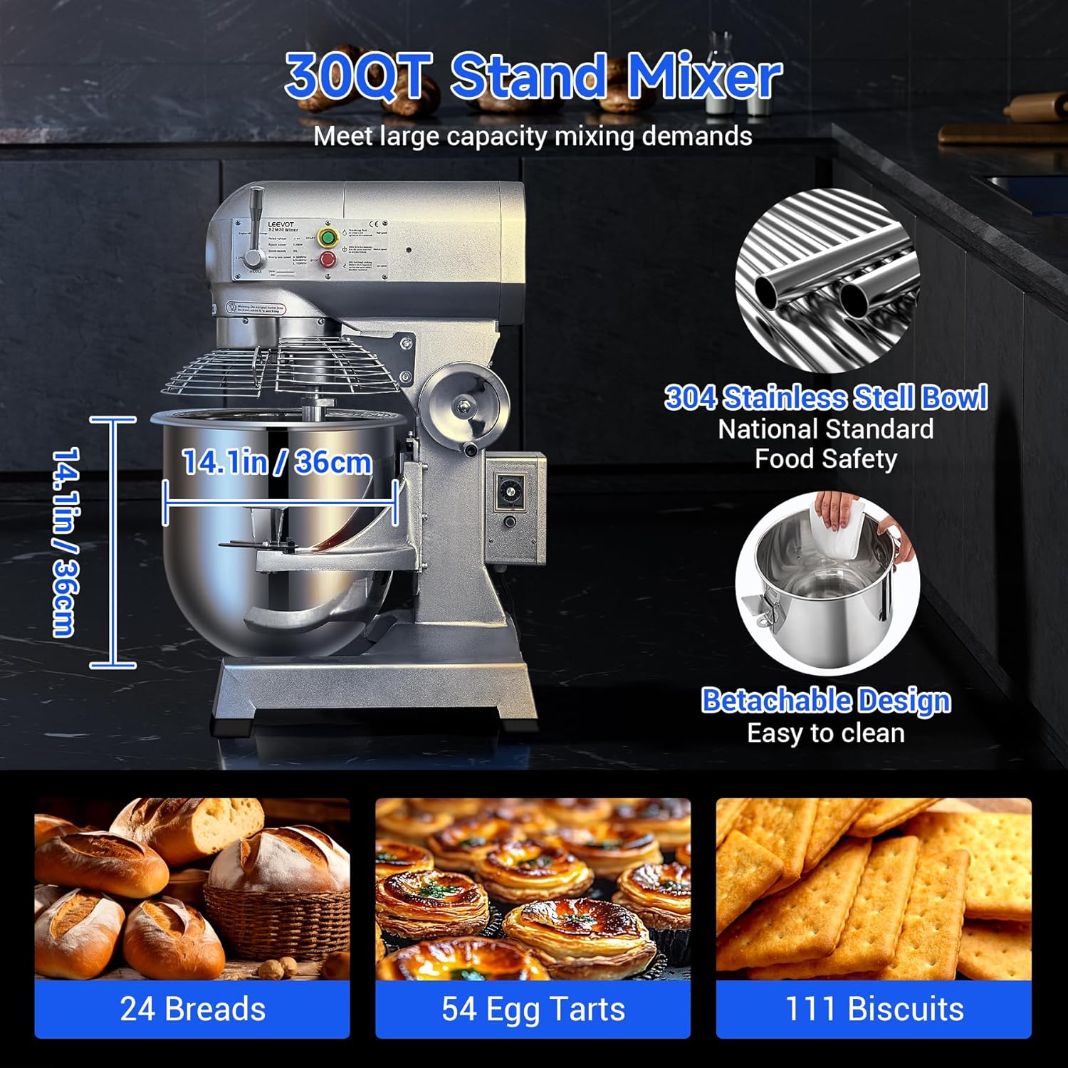 30Qt Commercial Food Mixer with Timing Function,1250W Commercial mixer 3-Speed Adjustable Heavy Duty, Electric Stand Food Mixer with Stainless Steel Bowl for Bakery Pizzeria. (Standard)