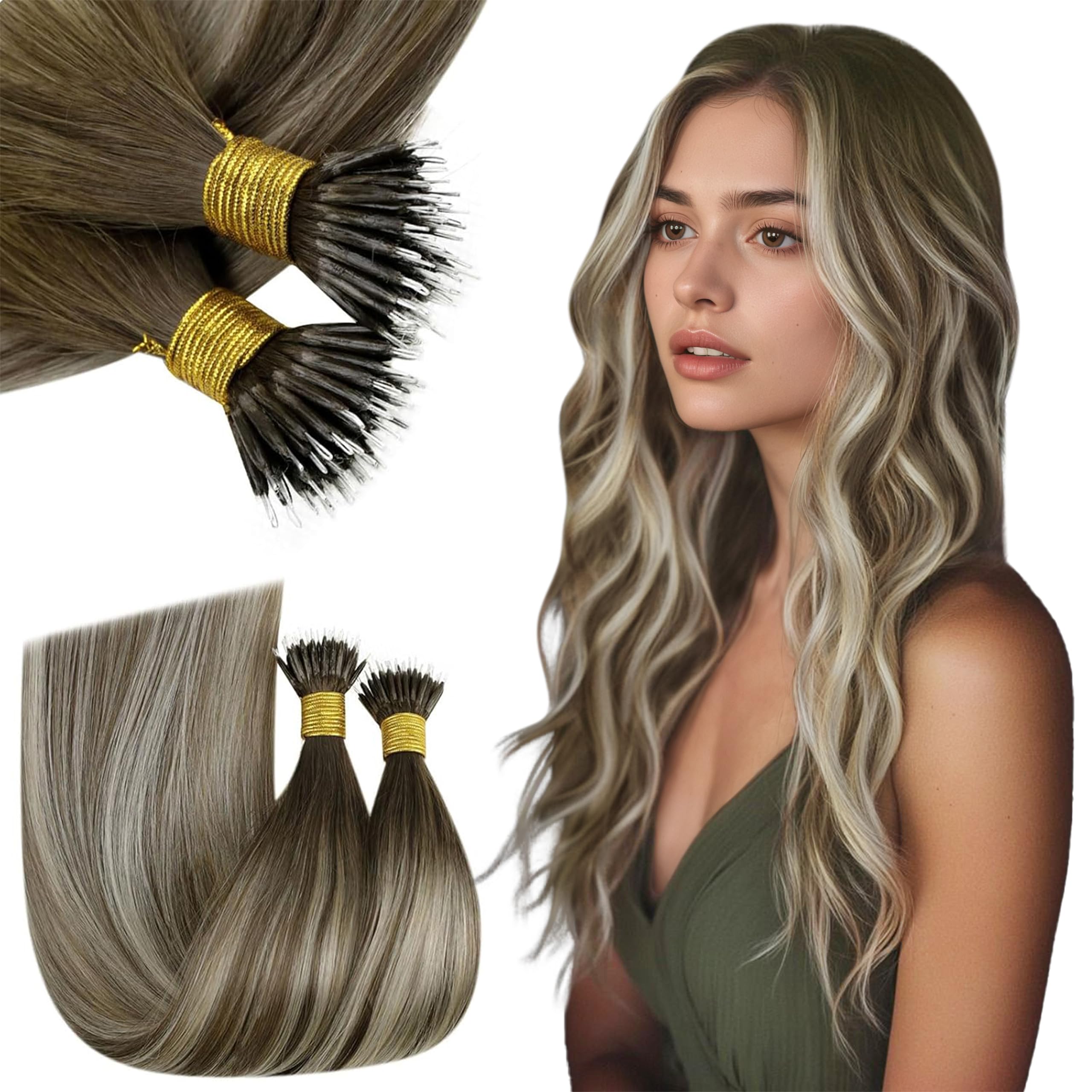 RUNATURE 18 Inch Nano Hair Extensions Real Human Hair Black Balayage Brown Nano Beads Hair Extensions Real Human Hair Ombre Blonde Invisible Straight Remy Nano Rings Hair 50g 50s #1b/4/27 — view 37