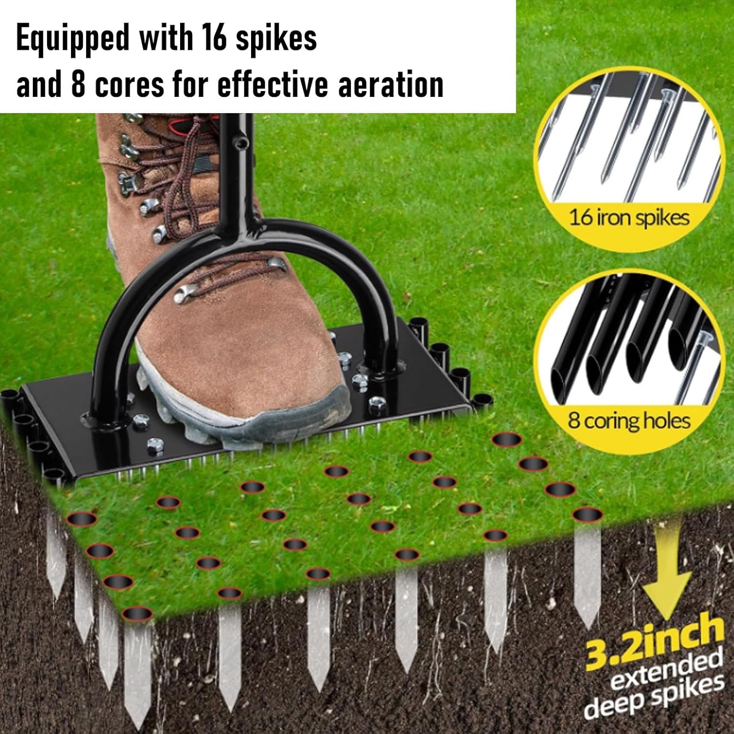 Lawn Aerator, Spike Metal Manual Dethatching Lawn Aerator Tool with T Handle 16 Spikes 8 Cores Carbon Steel Soil Aerating Tool for Garden Yard Grassland, Ergonomic Design