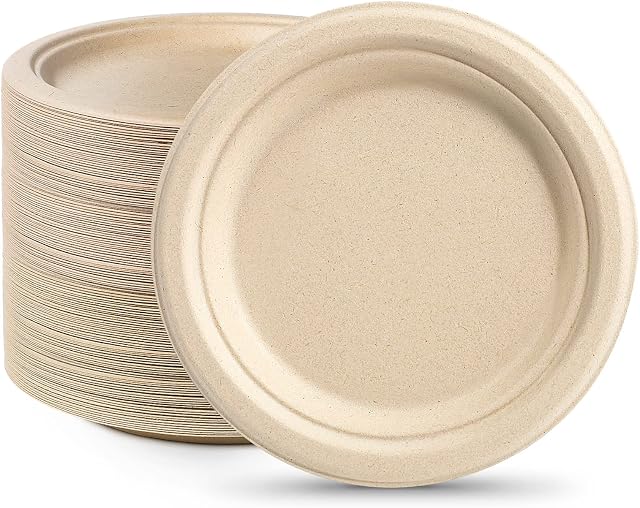 GREENESAGE Rigid 7 inch 50 Pack Heavy Duty Disposable Paper Brown Plates Sugarcane Small Disposable Plates Strong Dishes for Picnic Wedding Party BBQ