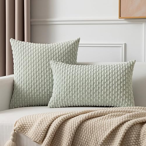 Miniatura 4 de Kevin Textile - Juego de 2 fundas decorativas cuadradas para cojines, de pana suave y con rústico estilo campestre bohemio a rayas, decorar hogar,