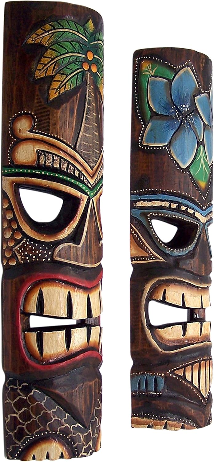 Wowser Hand Crafted Polynesian Hawaiian Style Floral Painted Tiki Masks, Wall Décor, Set of 2 Assorted Colors,19 Inches