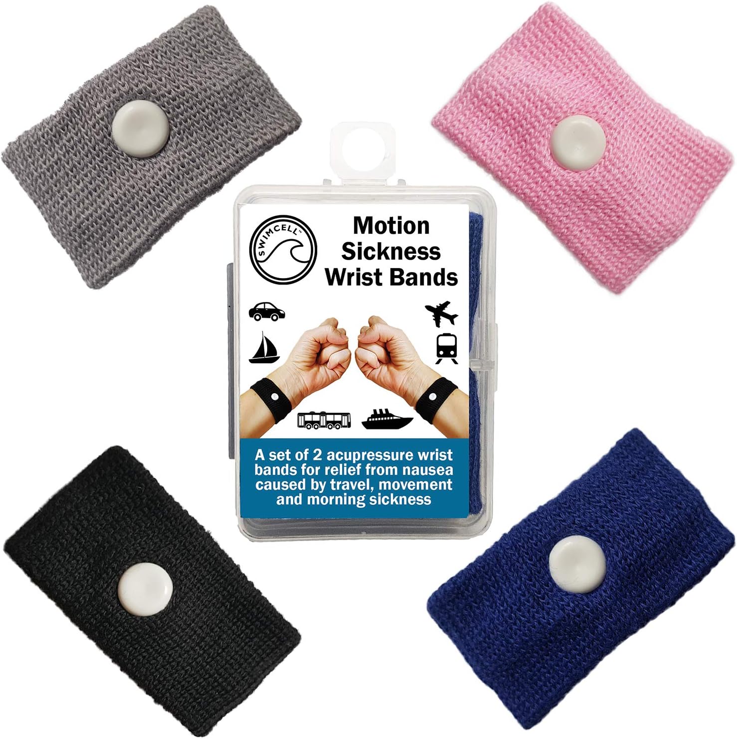 SwimCellTravel Sickness Bands Adult and Children Wristbands – Natural Relief for Travel Sickness, Morning Sickness. Anti Nausea Wrist Bands for Adults and Children. Storage Box. (Blue, 1 Pair)