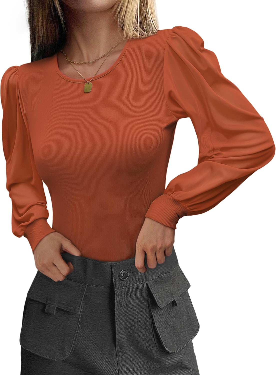 Women's Mesh Long Sleeve Shirts 2025 Fall Ribbed Knit Fitted Tops Business Dressy Casual Work Blouses - Image 2