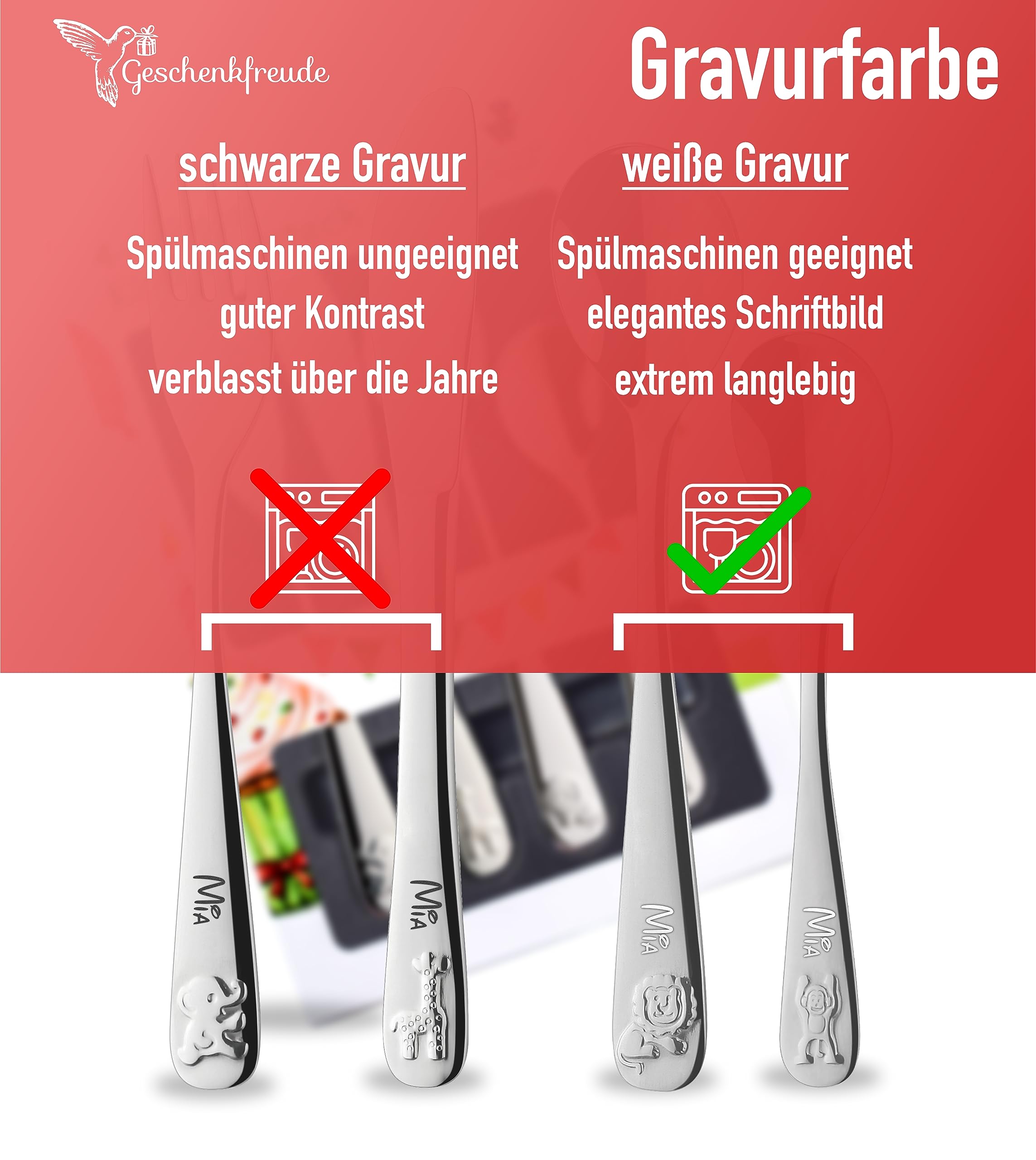 GESCHENKFREUDE Zoo Kinderbesteck mit Gravur - Geschenk individualisiert - spülmaschinengeeignet - Geschenke Weihnachten Mädchen Junge - Besteck mit Gravur - Kinderbesteck mit Namensgravur - 4 teilig