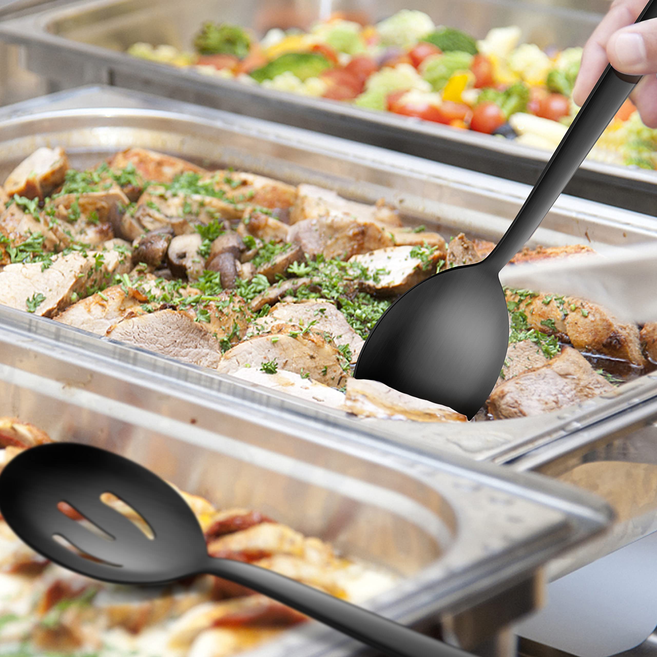 E-far Lot de 6 ustensiles de service en acier inoxydable noir mat de 22,6 cm avec bord carré, cuillères, fourchettes fendues en métal pour buffet de fête, traiteur, passent au lave-vaisselle