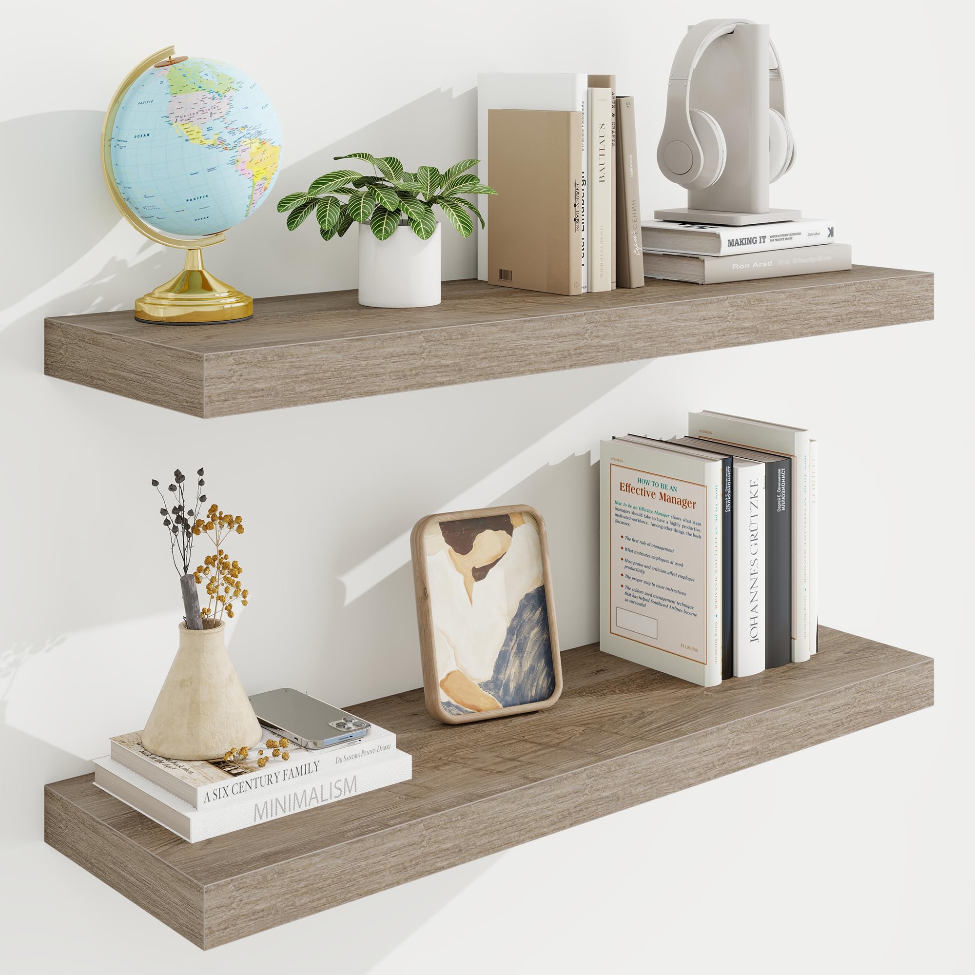 Acovy 80cm Floating Shelves, 23.5cm Deep Floating Shelf Wall Mounted, 80cm Wall Shelves, Rustic Deep Bookshelf, Large Display Shelves & Storage Shelves for Bedroom, Living Room, Grey, Set of 2