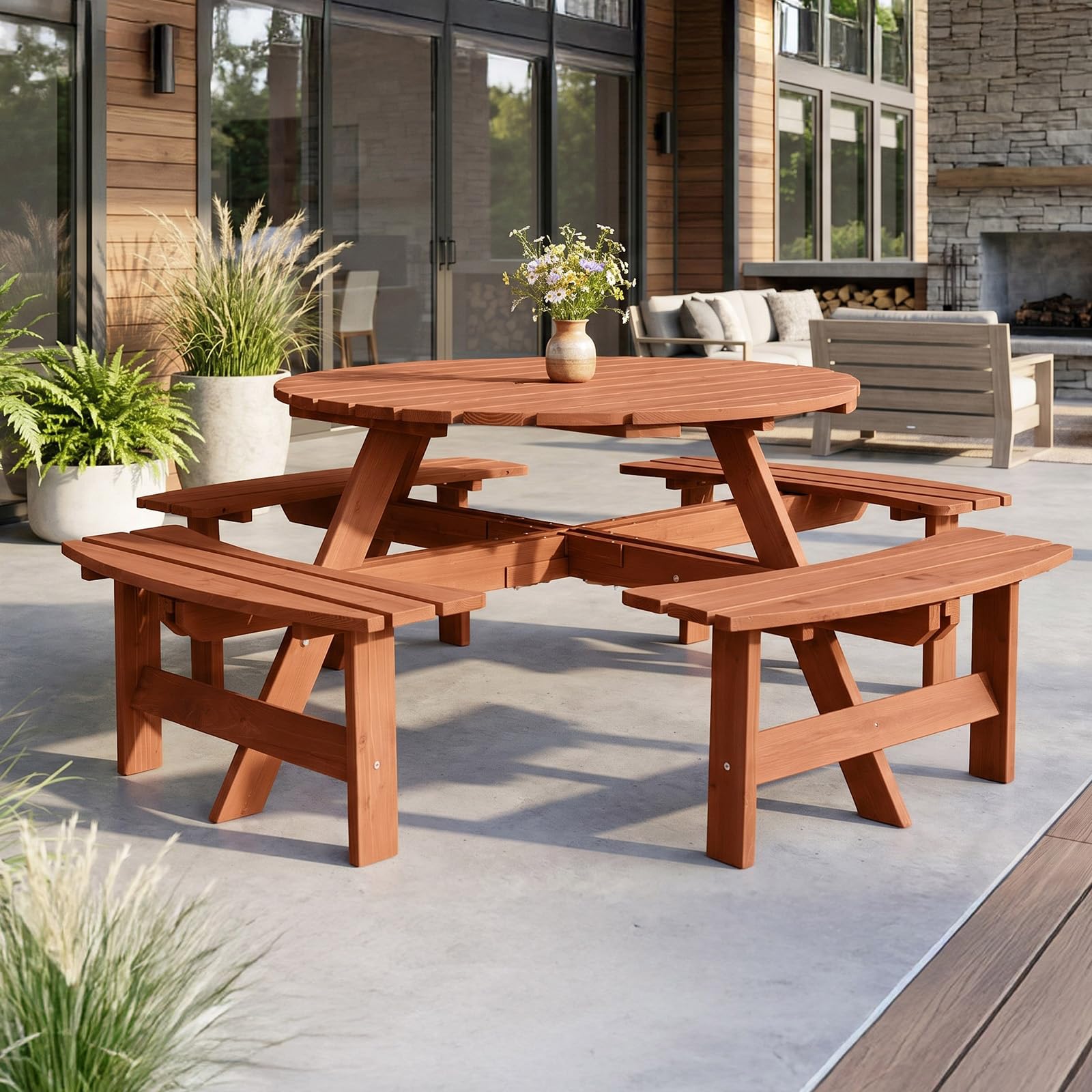 VINLGI Picknicktisch Set für 8 Personen,Biertischgarnitur Holz mit 4 Bänken & Schirmloch, Gartenmöbel Set Wetterfest,Esssets Terrasse, Hof, Garten&Veranda (Rund&Dunkelbraun)