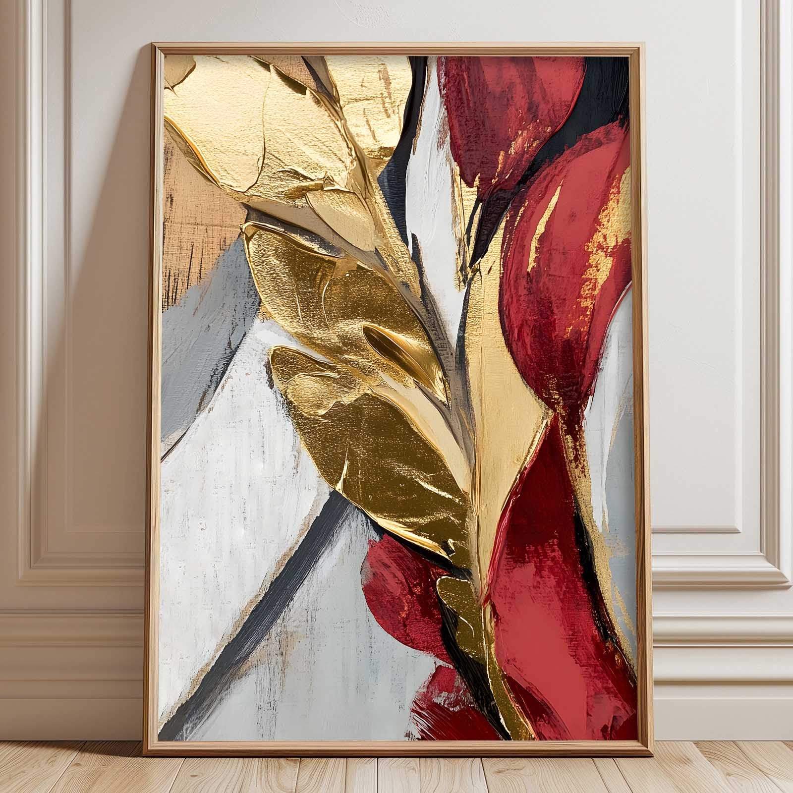 Black Red Grey and Gold Abstract Wall Art Poster Prints Red Gold Leaf Abstract Wall Art Painting for Living Room Bedroom Office Hallway Home Decor