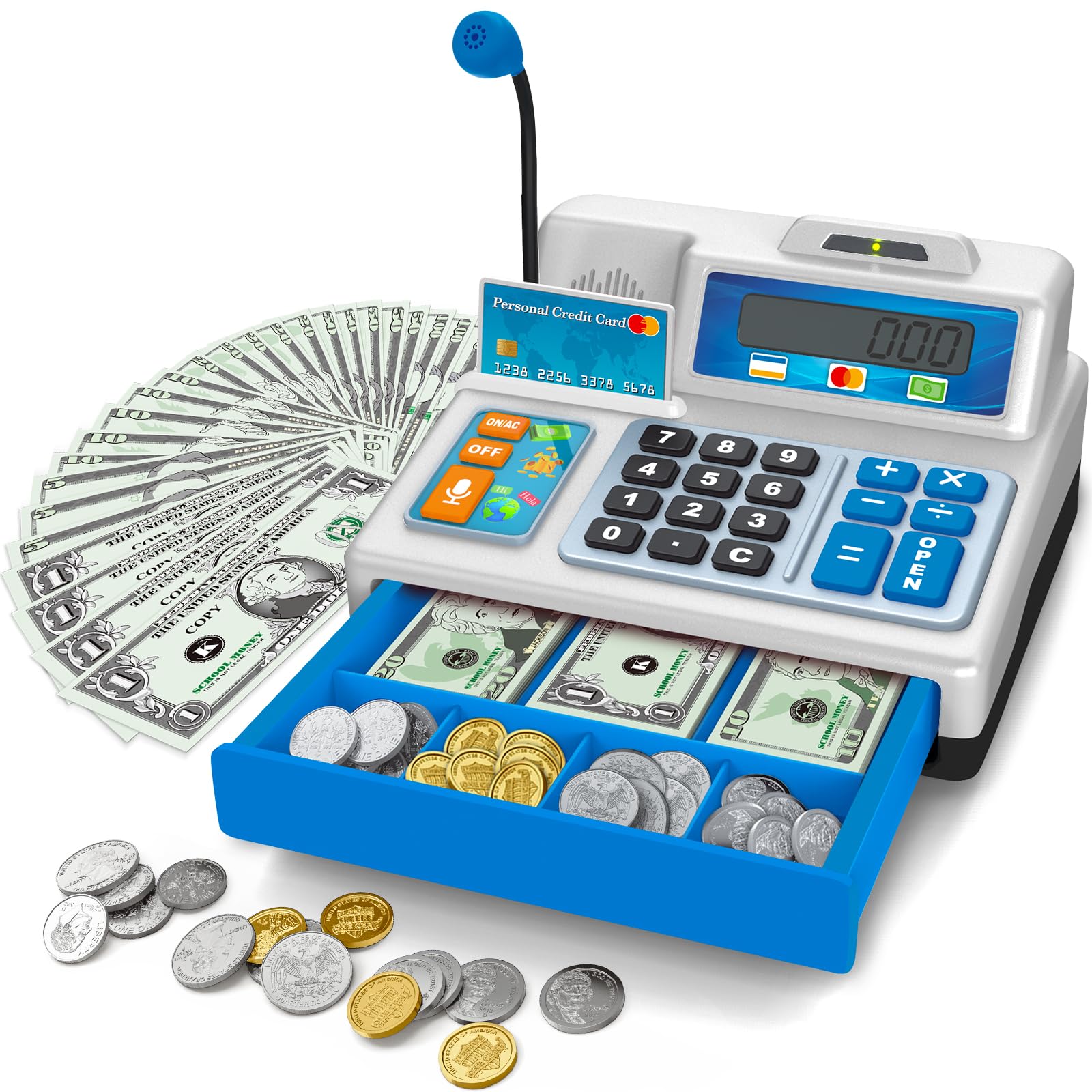 Calculator Cash Register - 103 Pcs Toy Cash Register, Store Set with Microphone, Credit Card and Banking for Kids, Early Math Skills Toys Gifts for 3, 4, 5, 6 7 8+ Years Old Boy Girl