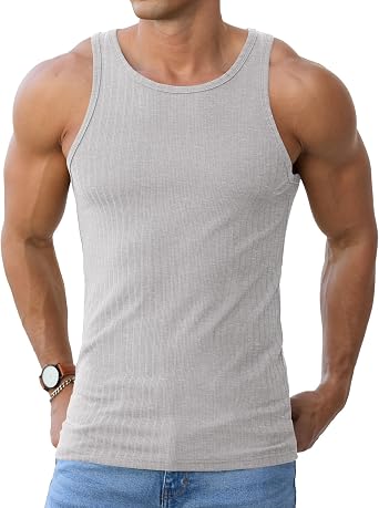 Askdeer Mens Ribbed Tank Top Casual Workout Sleeveless Shirts Soft Gym Muscle Bodybuilding Tee