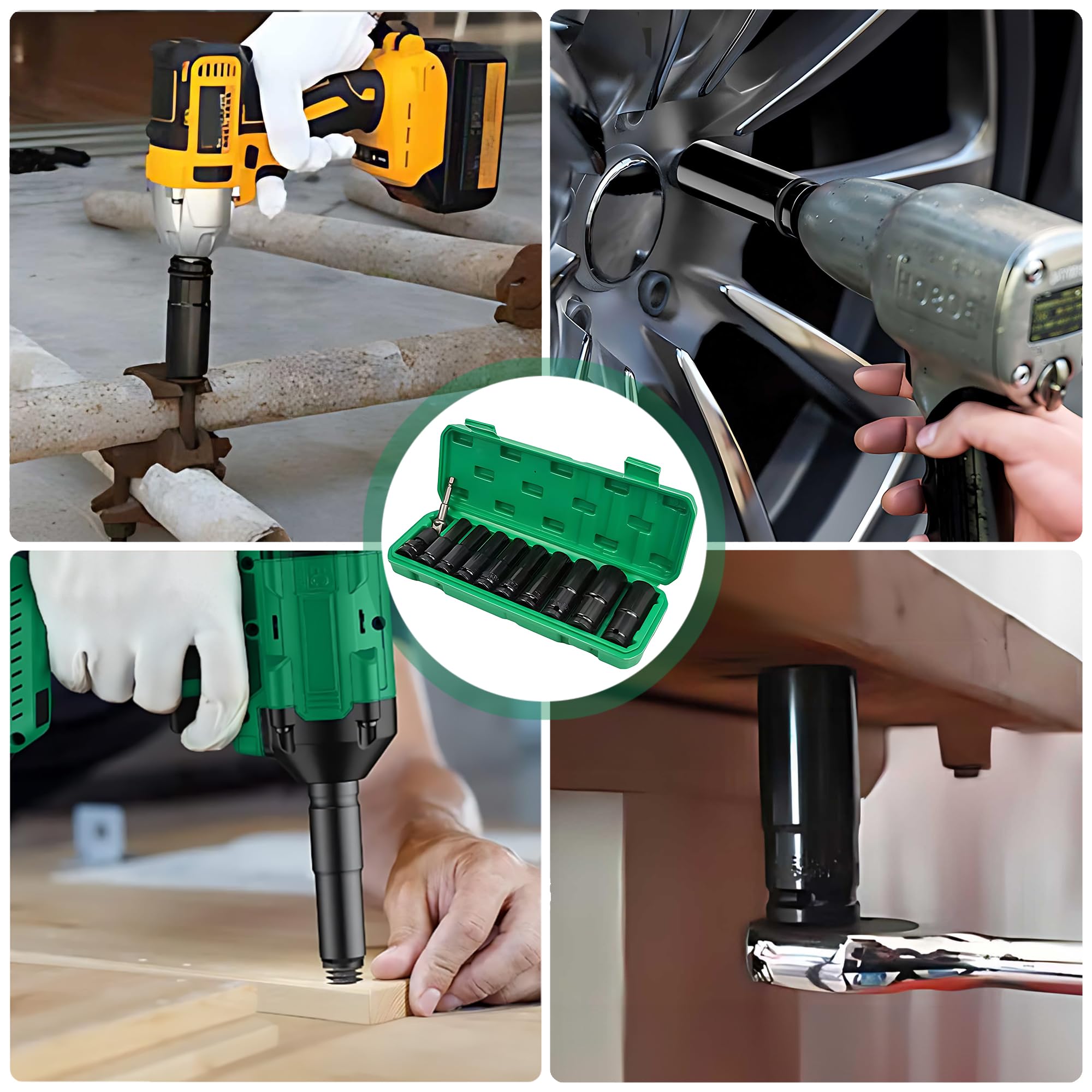 11 Piezas Juego de Llaves de Vaso, 10-24mm Vasos de Impacto 1/2, 2 Adaptadores de Llave de Vaso, Ferramentas Auto para Reparación de Coches Cambio de Neumáticos