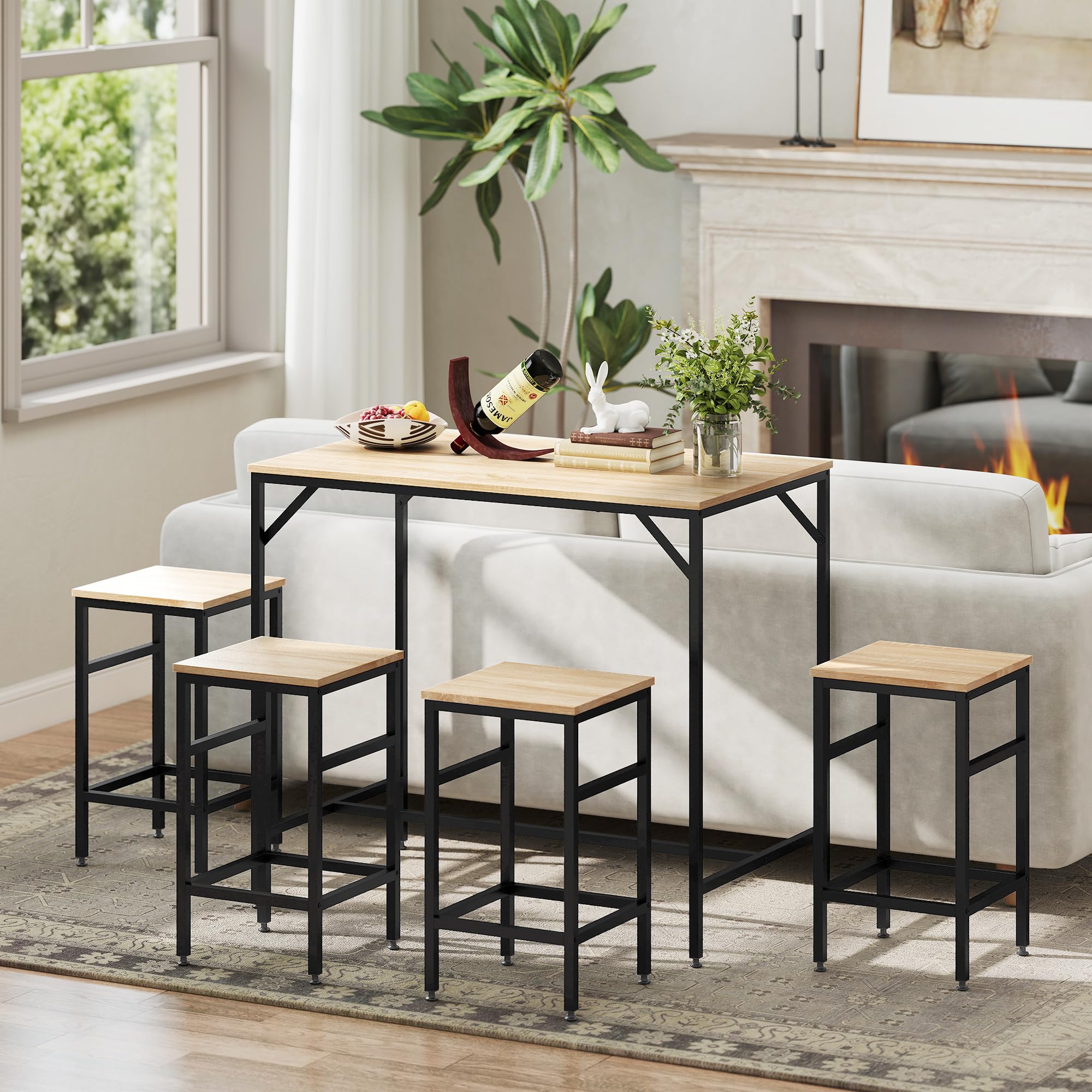 HOMCOM 5-teiliges Bartisch Set Bartisch mit Barhocker-Set Esstisch mit 4 Stühlen Küchentisch für Esszimmer, Küche, Eiche+Schwarz