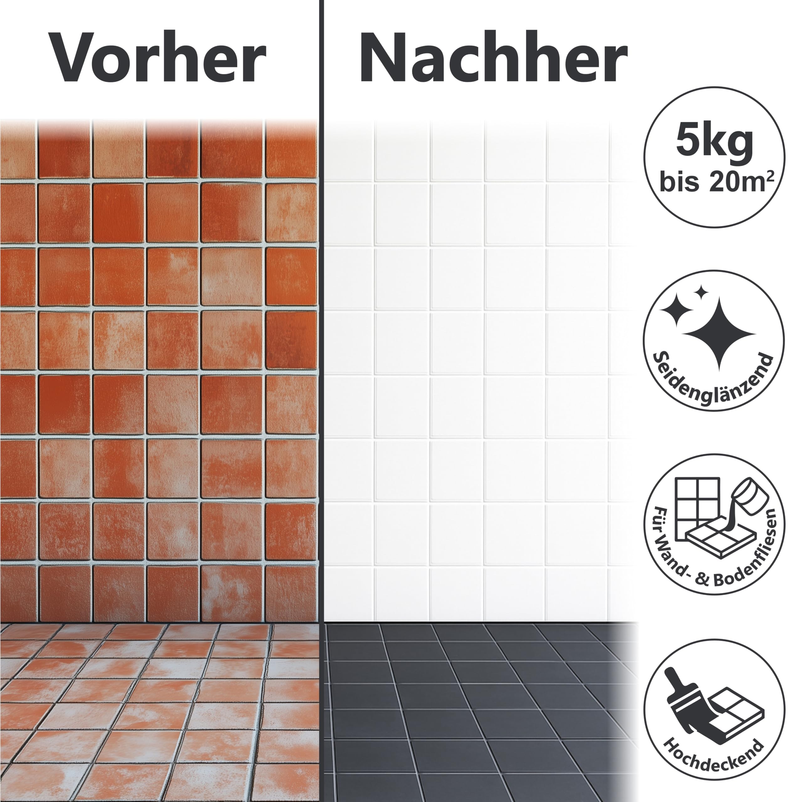 WO-WE 2K Fliesenlack – Fliesenfarbe für Küche, Badezimmer, Wand- & Bodenfliesen – Kieselgrau ähnl. RAL 7032-5Kg