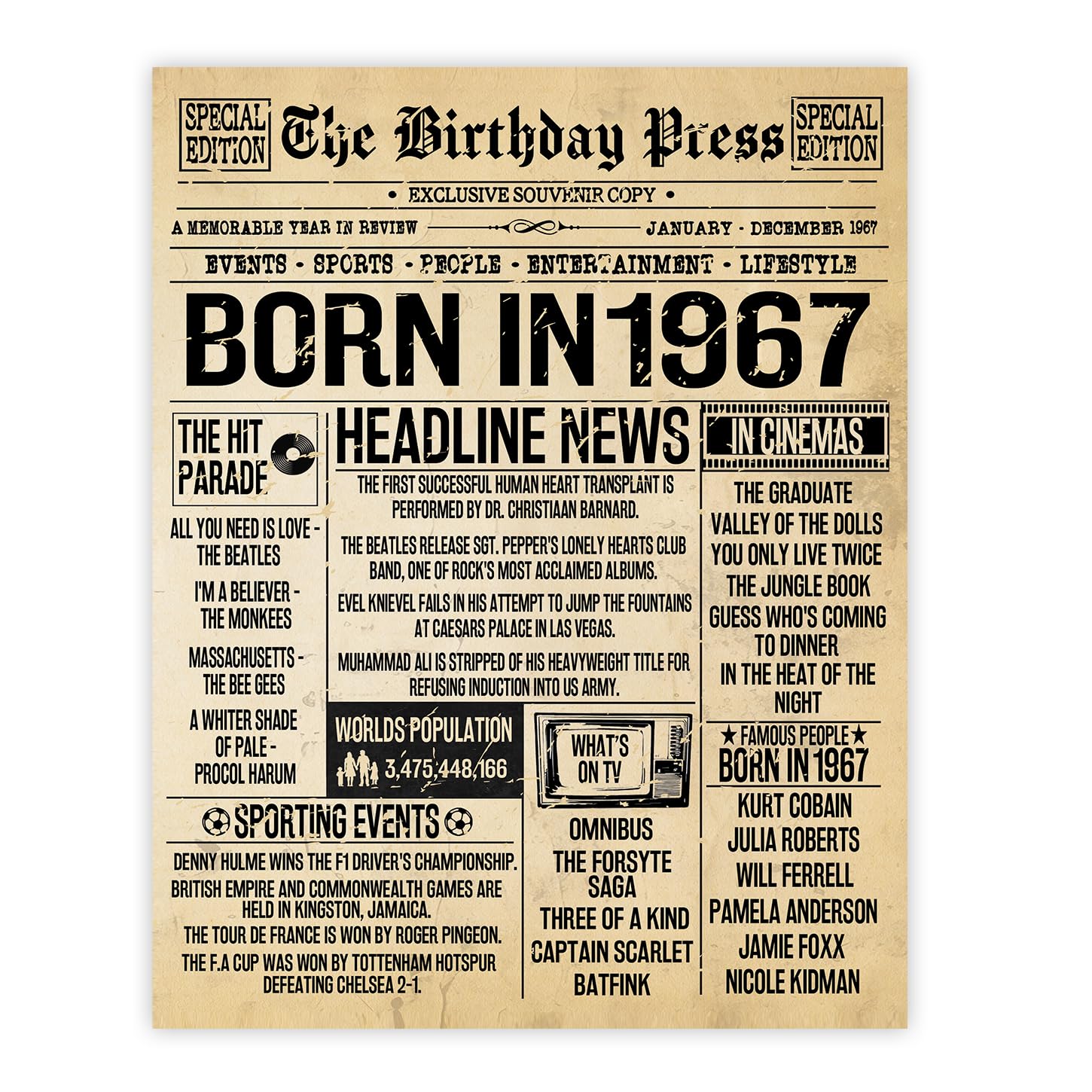 Stuff4 59th Birthday Poster Unframed - Born In 1967 Vintage Newspaper - Happy 59th Birthday Gifts for Women Men Retro Back In 1967, 8x10 Inch Decor Decoration Bday Party