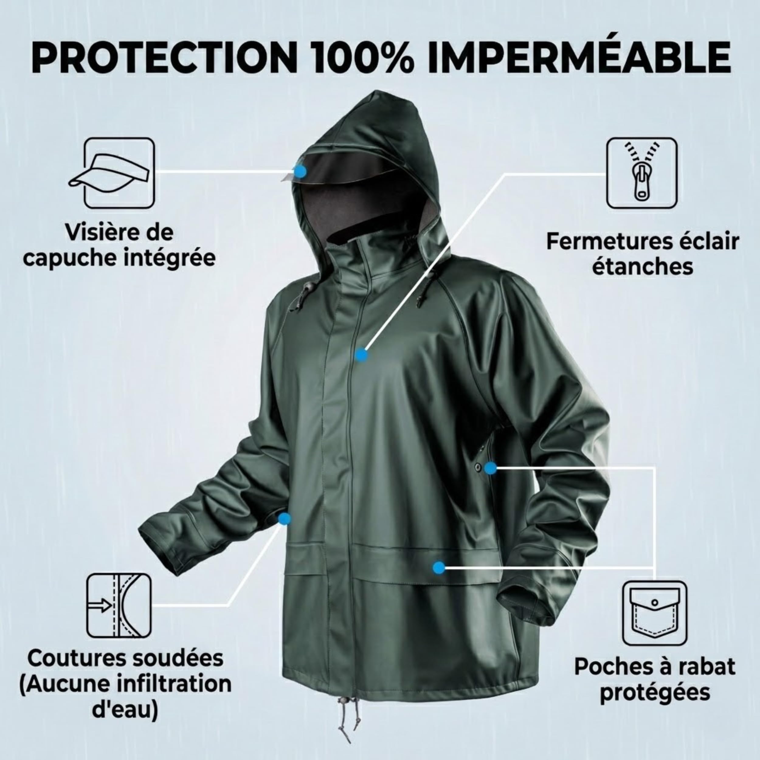 NEO TOOLS Veste de pluie pour hommes avec capuche ou set de pluie avec pantalon de pluie, taille M-3XL | Imperméable EN 343, tissu PU+PVC, 310g/m2, coutures collées, décapage à l'abri de l'eau