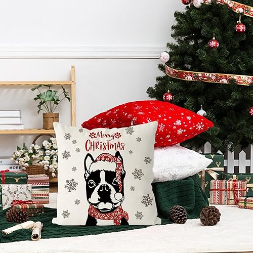 Miniatura 4 de GAGEC Fundas de almohada de Navidad de 18 x 18 pulgadas, fundas de almohada de perro Boston Terrier, fundas de almohada de invierno para Navidad,