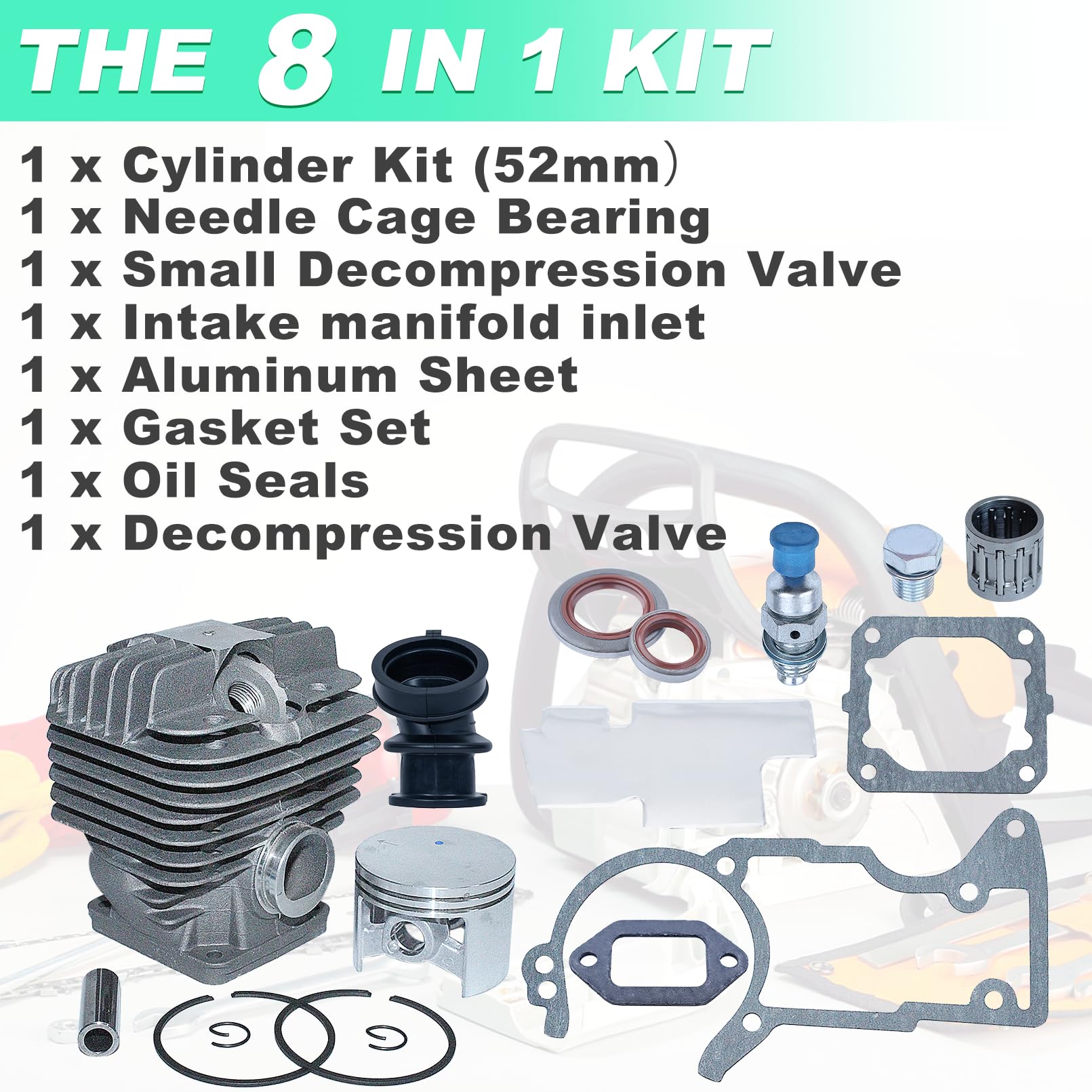 Adefol Kit de pistón de cilindro de 50 mm para Stihl 044 MS440 MS 440 motosierra, Cilindro con bujía y filtro de combustible, Repuesto 1128-020-1201, 1128-020-1227