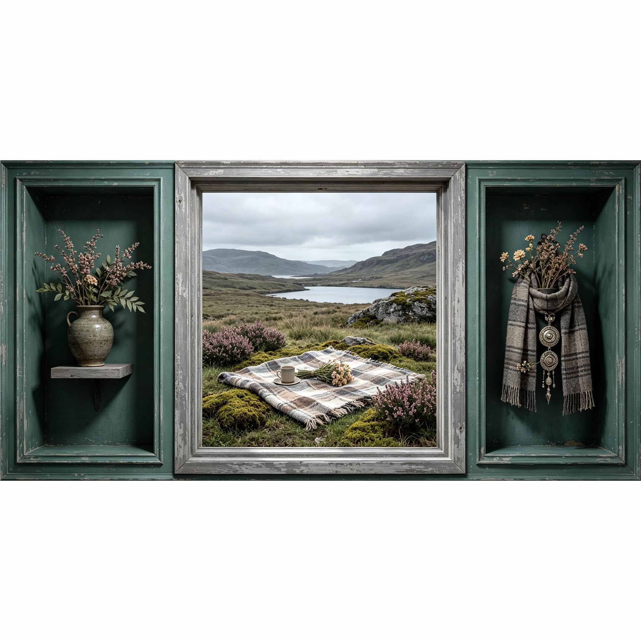 QZLITHOTIC 50x100cm 3D Framed Wall Art， Scottish Highland Lake View Picnic Landscape Self‑Adhesive Mural， Water‑Activated Peel & Stick Fabric Decor Wall Decal for Bedroom Living Room