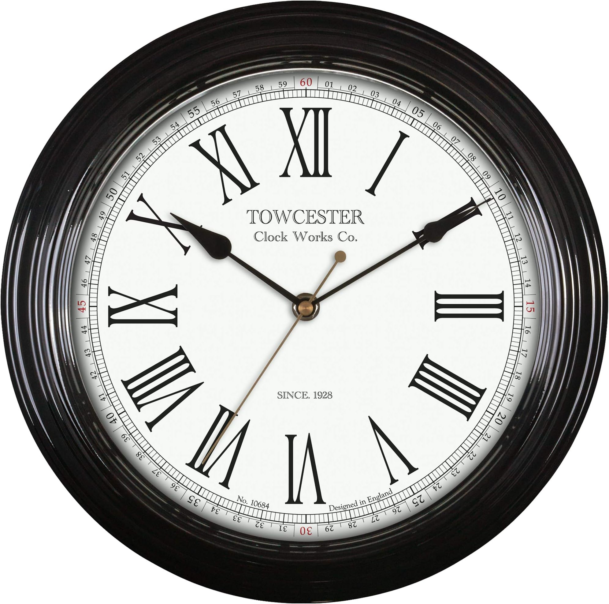 Acctim Redbourn Traditional Quartz Wall Clock. Large Roman Numerals a Metal Case and Spade Hands. Black 30cm Wall Clock
