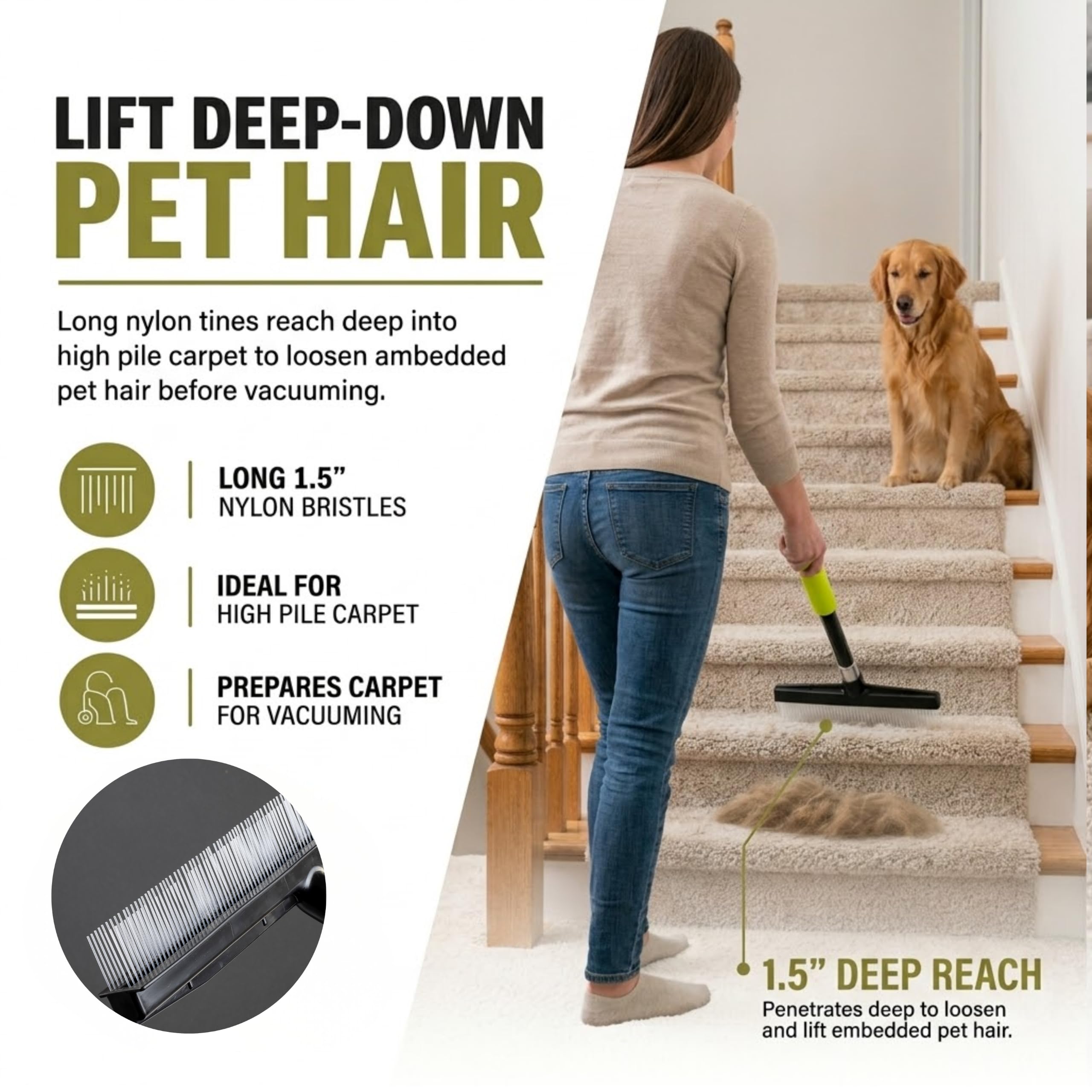 Rastrillo y Peluquero para habitación pequeña con Mango de 11 Pulgadas, diseño portátil, Cepillo de Alfombra Ideal para Pelo de Mascotas, alfombras refrescantes de Pelo Alto, escaleras, Muebles,