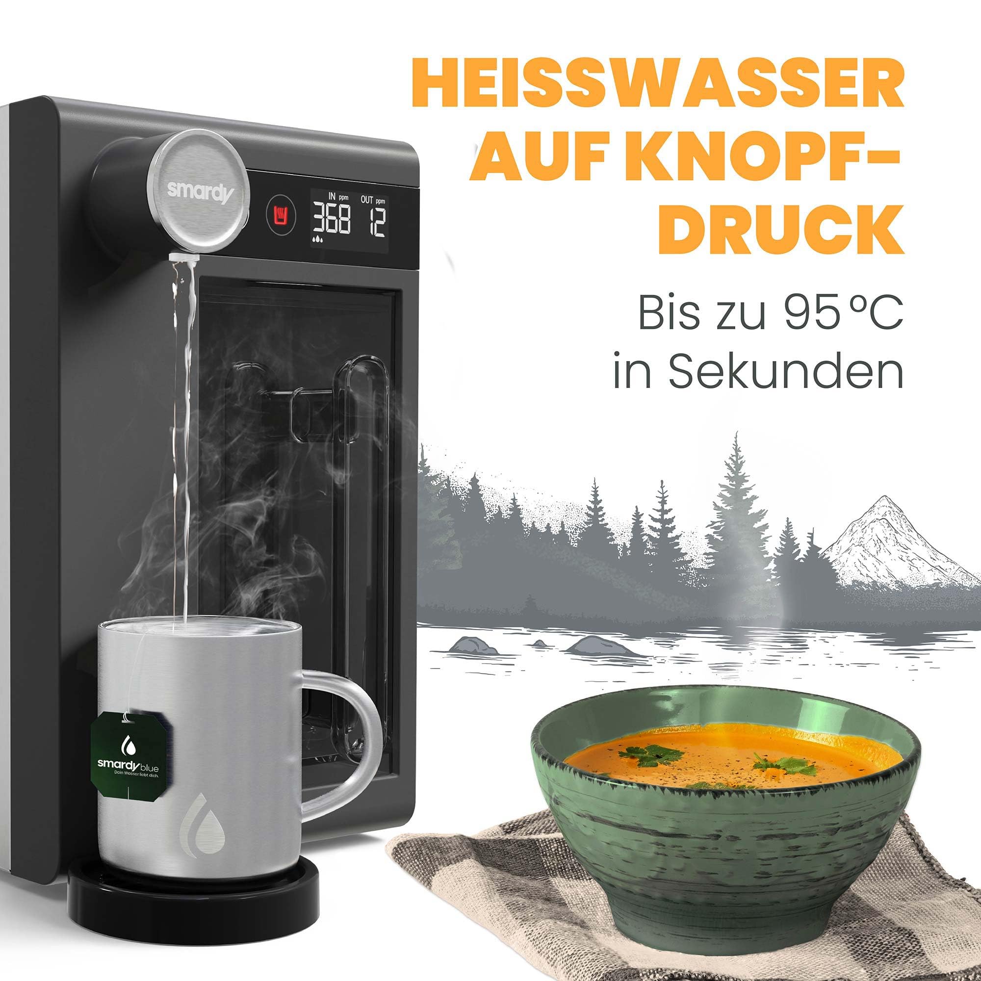 smardy blue CampingBar genius, mobile Osmoseanlage für Camping & Wohnmobil | Netz-, 12/24V- und Powerbank-Betrieb, Heißwasser bis 95 °C – ausgezeichnet mit dem German Design Award 2025