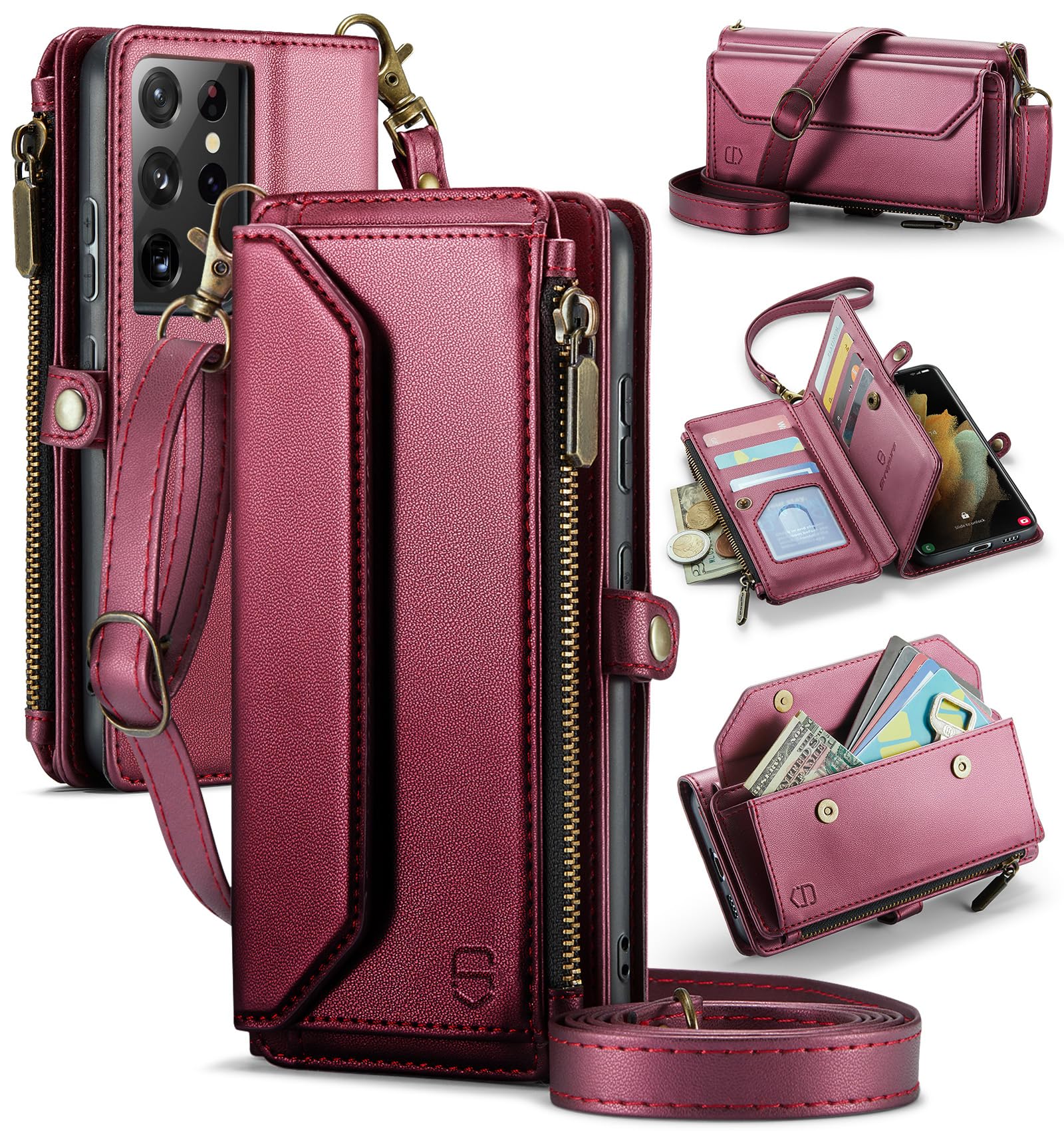 Photo 1 of Strapurs Crossbody Wallet Case Compatible with Samsung Galaxy S21 Ultra 5G RFID Blocking 10-Card Holder Soft PU Leather Magnetic Snap Strap Zipper Pocket Phone Case Fit for Galaxy S21 Ultra - Wine Red